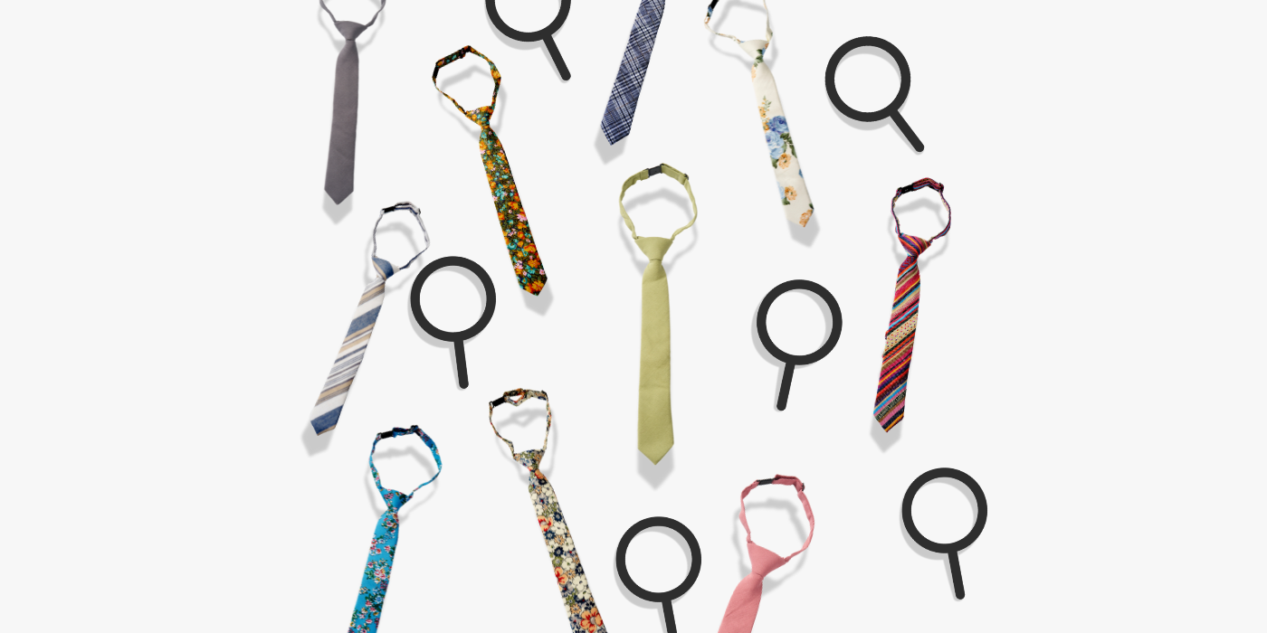 Falling search icons and pretied childrens neckties over a white background.