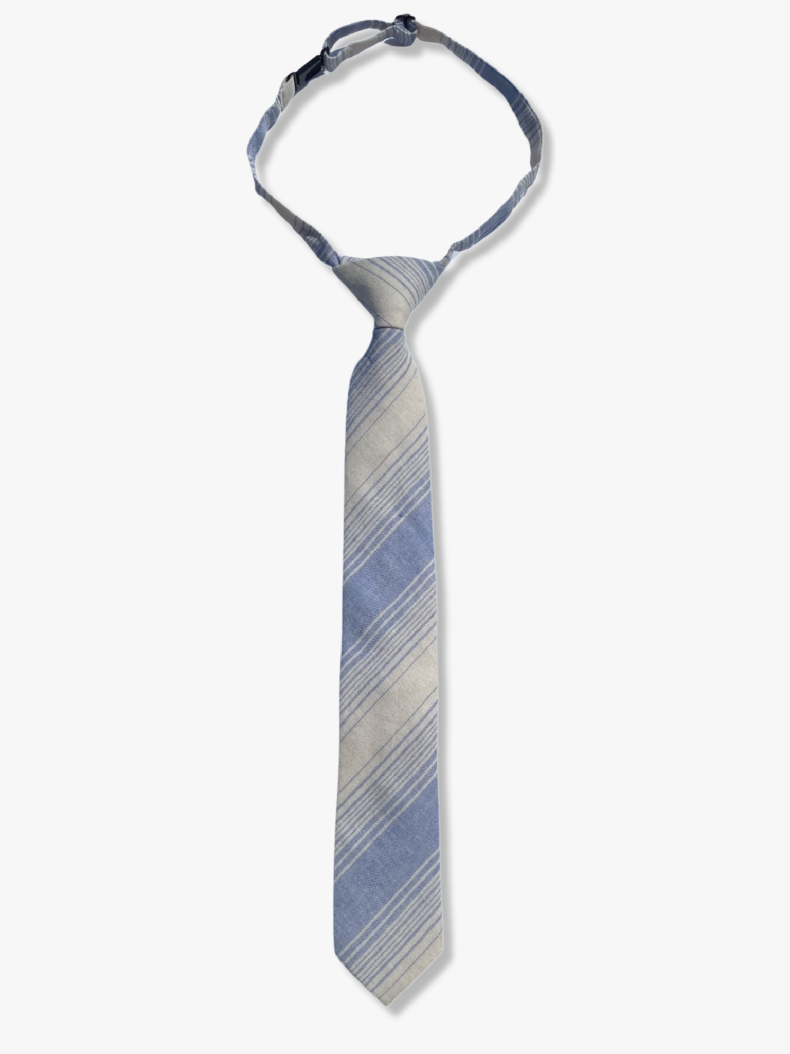 Kids striped pretied tie with varying light dusty blue stripe, thin beige cream lines,  and colorful diagonal designs.