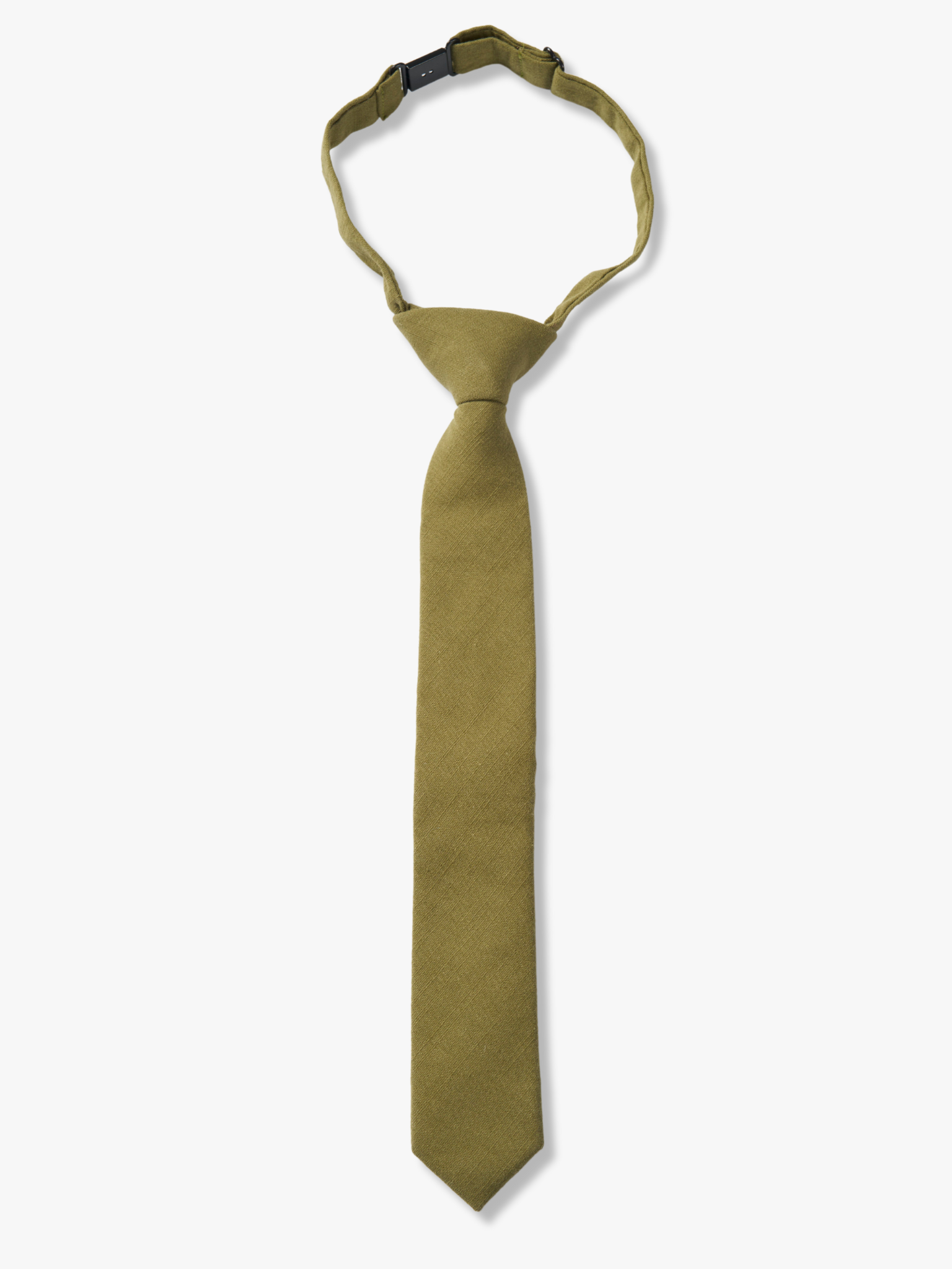 Kids pretied necktie for boys that fits babies, toddlers, big and little kids, and youth. The color is a military moss green.