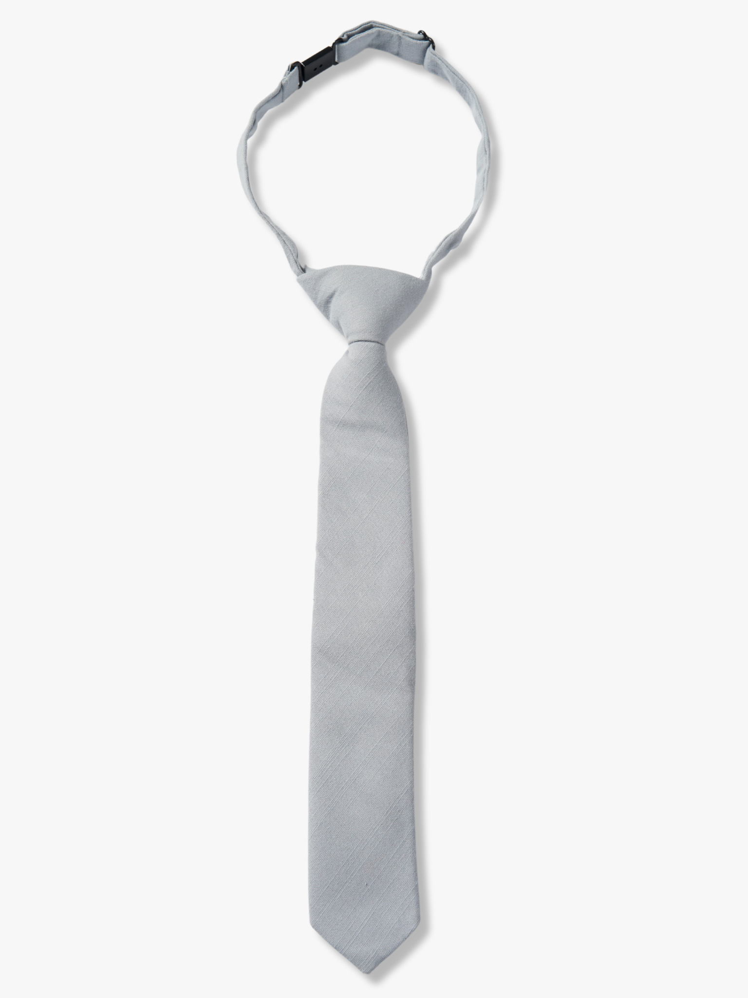 Kids pretied tie that fits babies, toddlers, big and little kids, and youth. The color is a neutral pale light blue gray. 