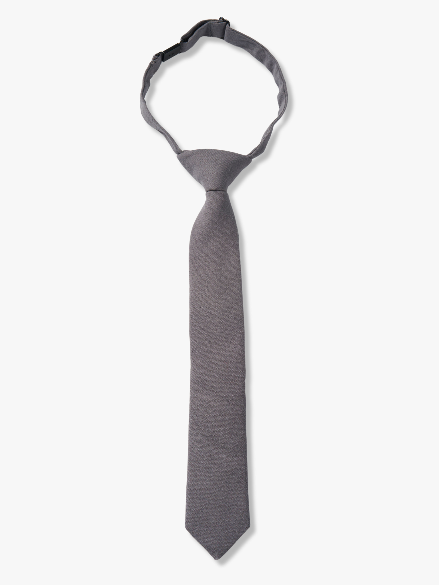 Kids pretied necktie for boys that fits babies, toddlers, big and little kids, and youth. The color is  dark gray/grey.