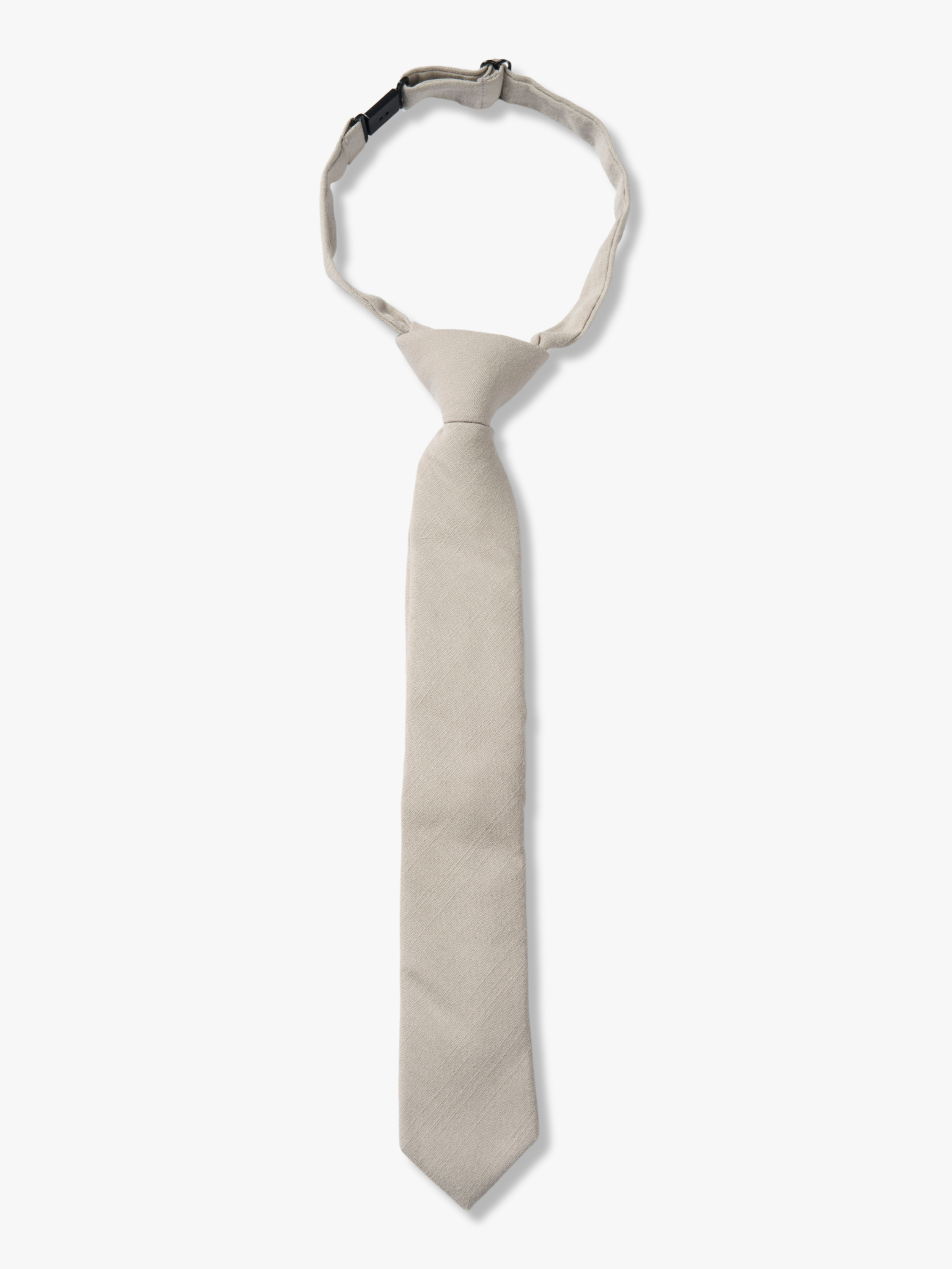 Kids pretied tie that fits babies, toddlers, big and little kids, and youth. The color is a netural light brown or tan color.