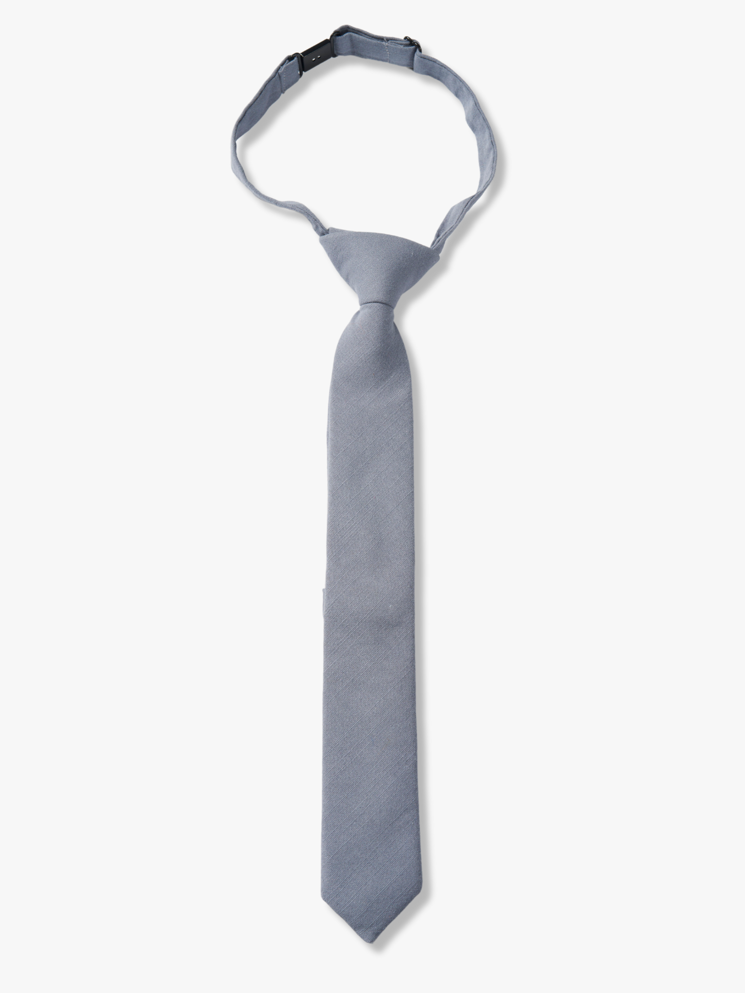 Kids pretied tie that fits babies, toddlers, big and little kids, and youth. The color is  a neutral light gray-blue.