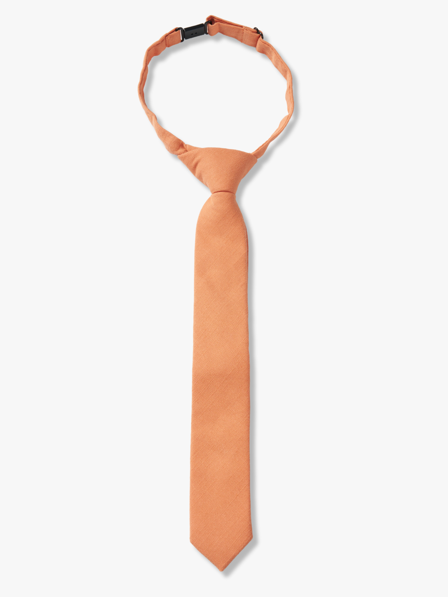 Kids pretied necktie for boys that fits babies, toddlers, big and little kids, and youth. The color is  burnt orange salmon.