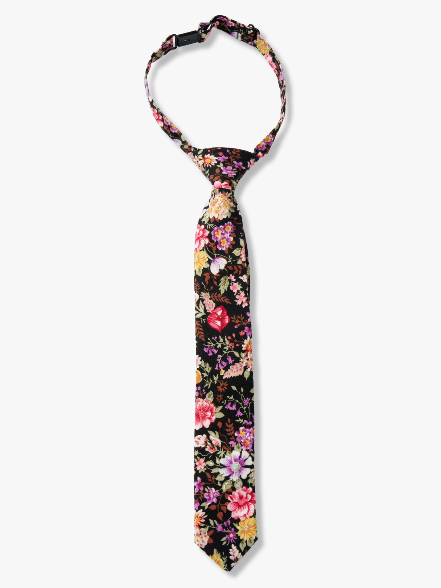 Kids floral pretied tie with pink flowers, yellow petals, wisteria purple blossoms and brown leaves on black cotton fabric.