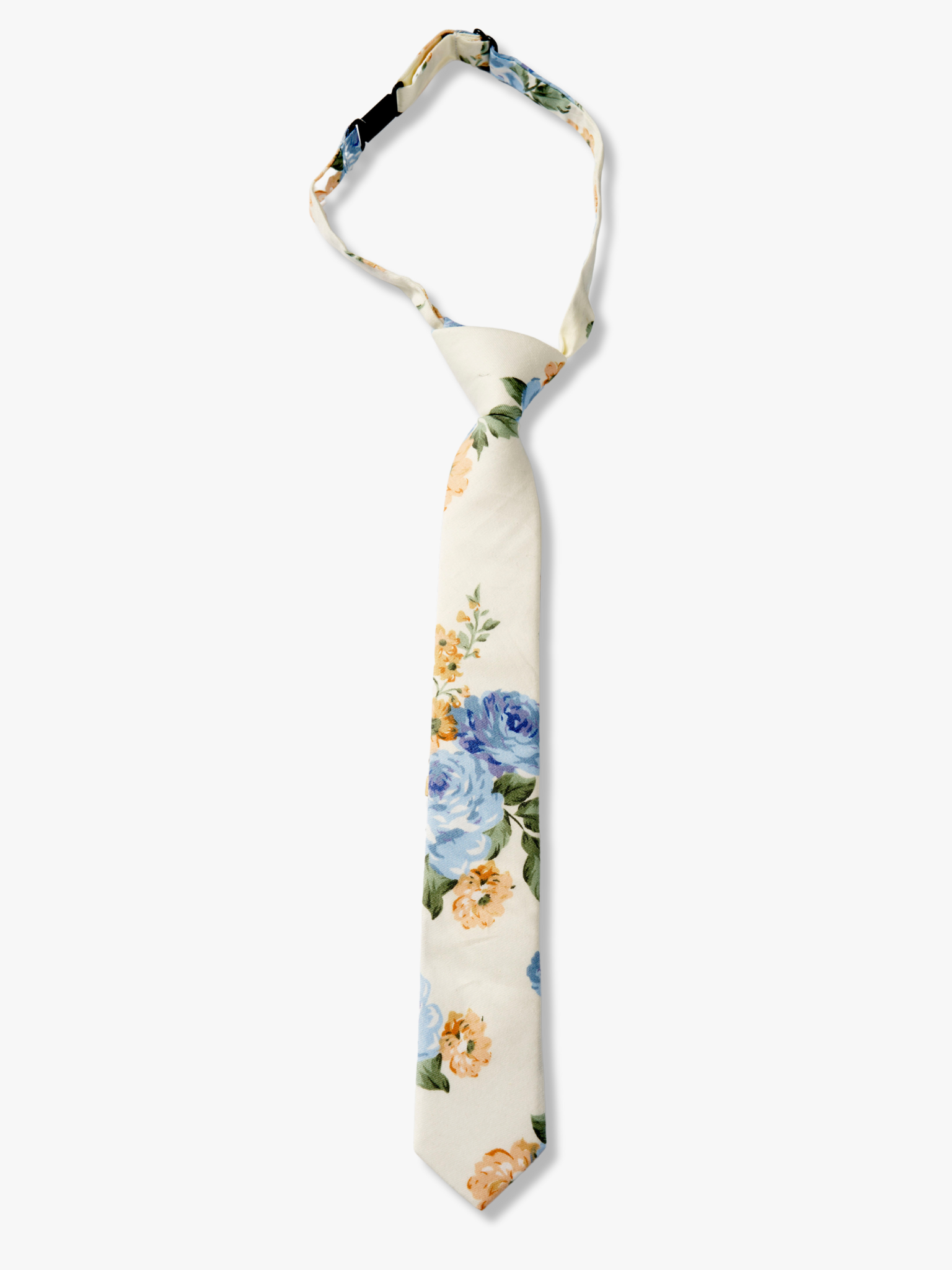 Kids floral pretied tie with dusty blue rose flowers, deep yellow petals, and light green leaves on off-white cotton fabric.