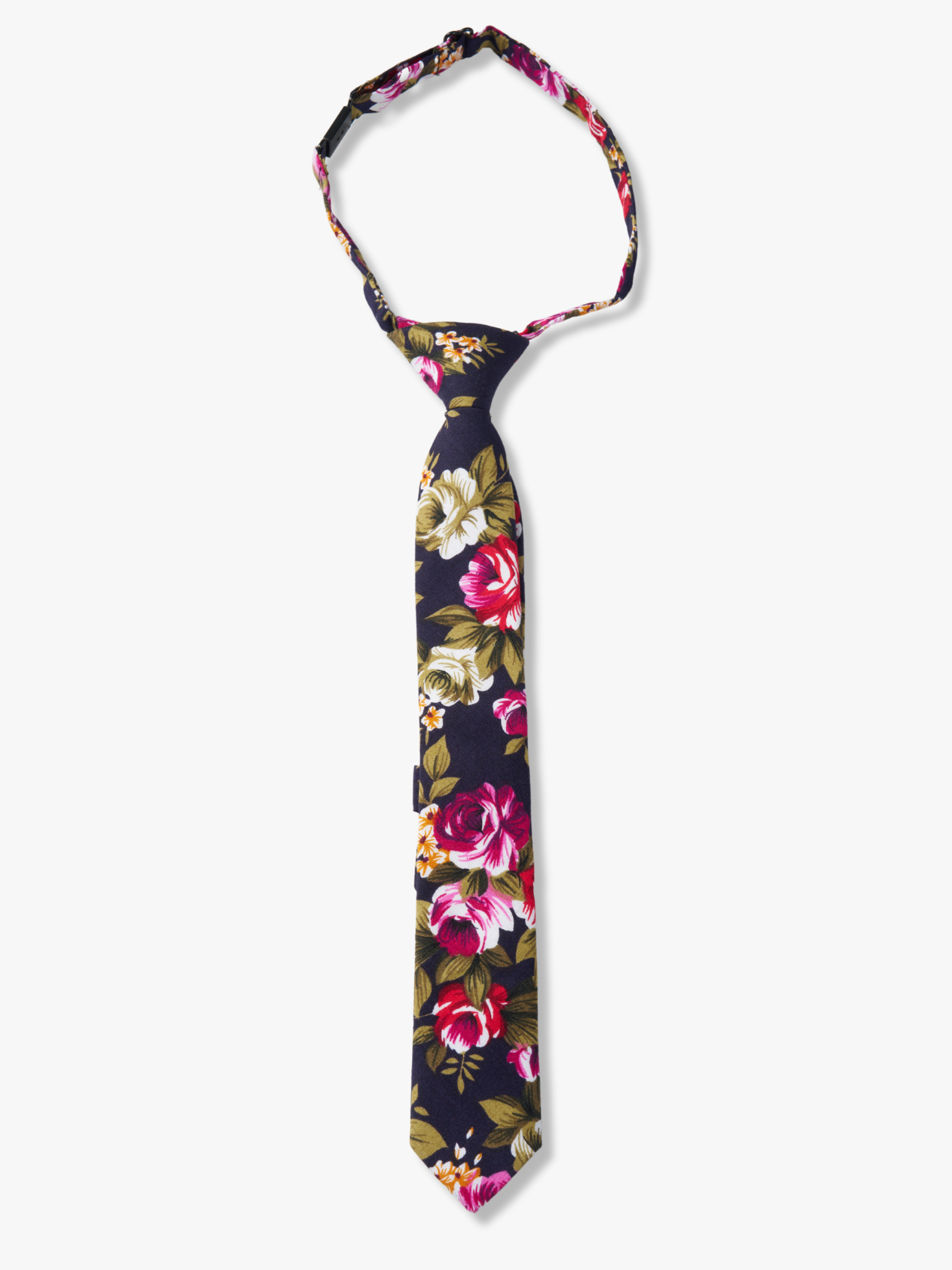 Fall Kids floral pretied tie with pink rose flowers, red petals, yellow blossoms and green leaves on navy blue cotton fabric.