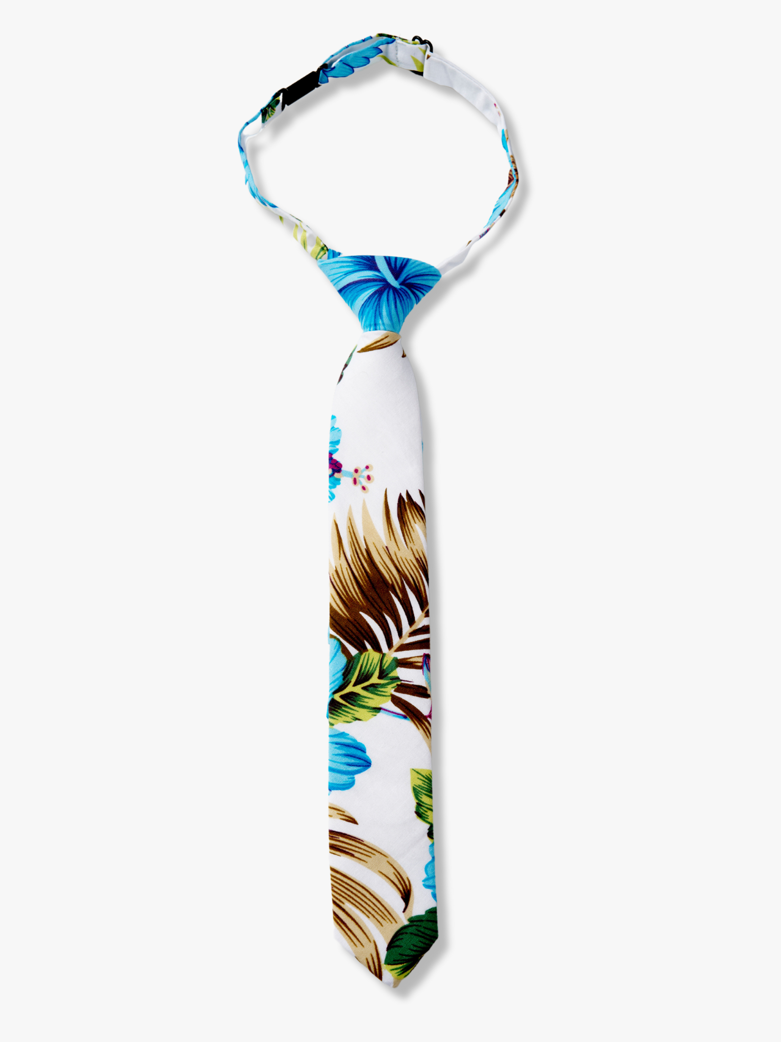 Kids floral pretied tie with large dusty blue beach flowers, hibiscus petals, spots of pink, and brown leaves on white fabric