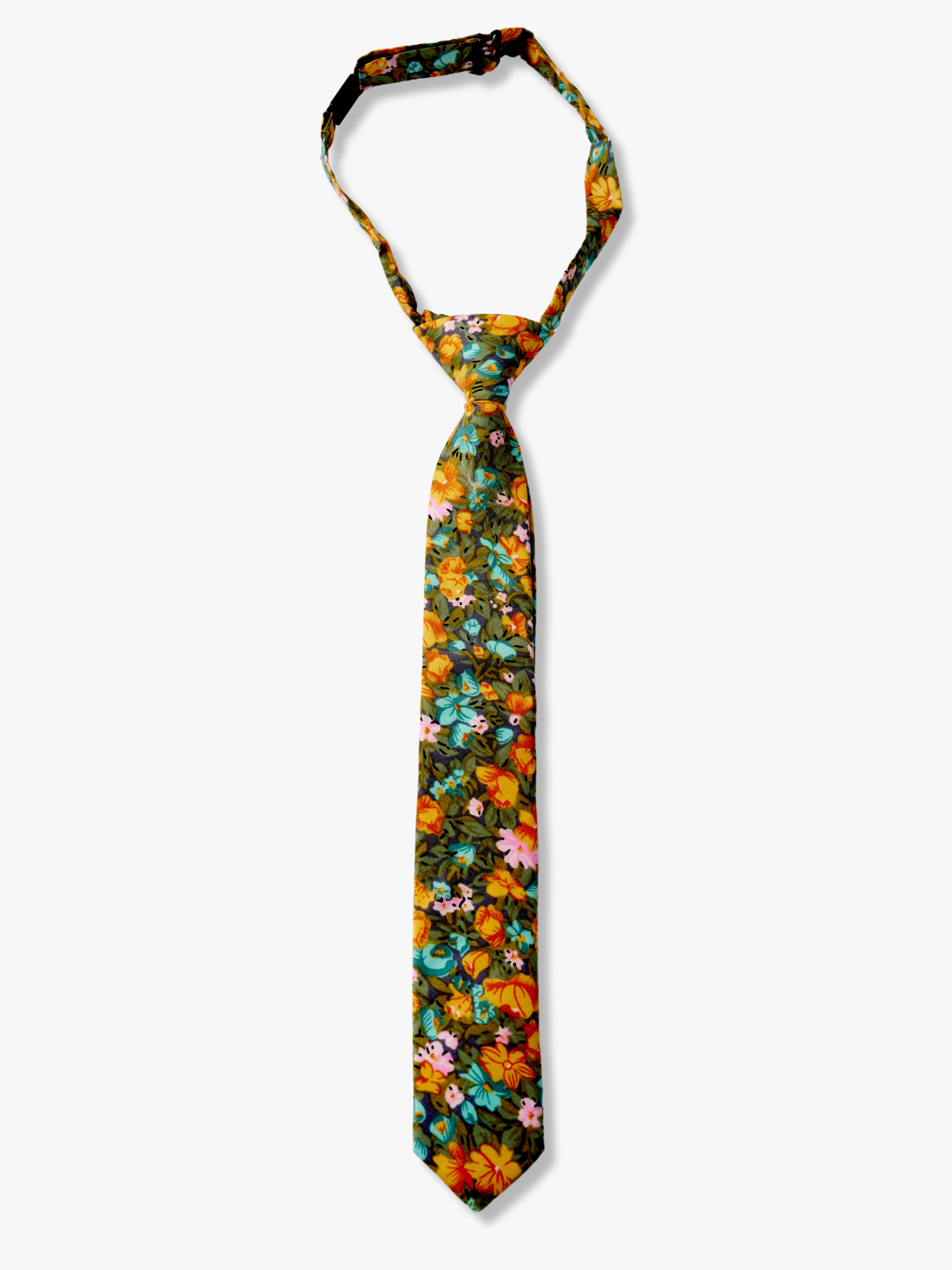 Floral necktie for boy kids with orange flowers, dark pletals, light blue blossoms and green leaves on black cotton fabric.