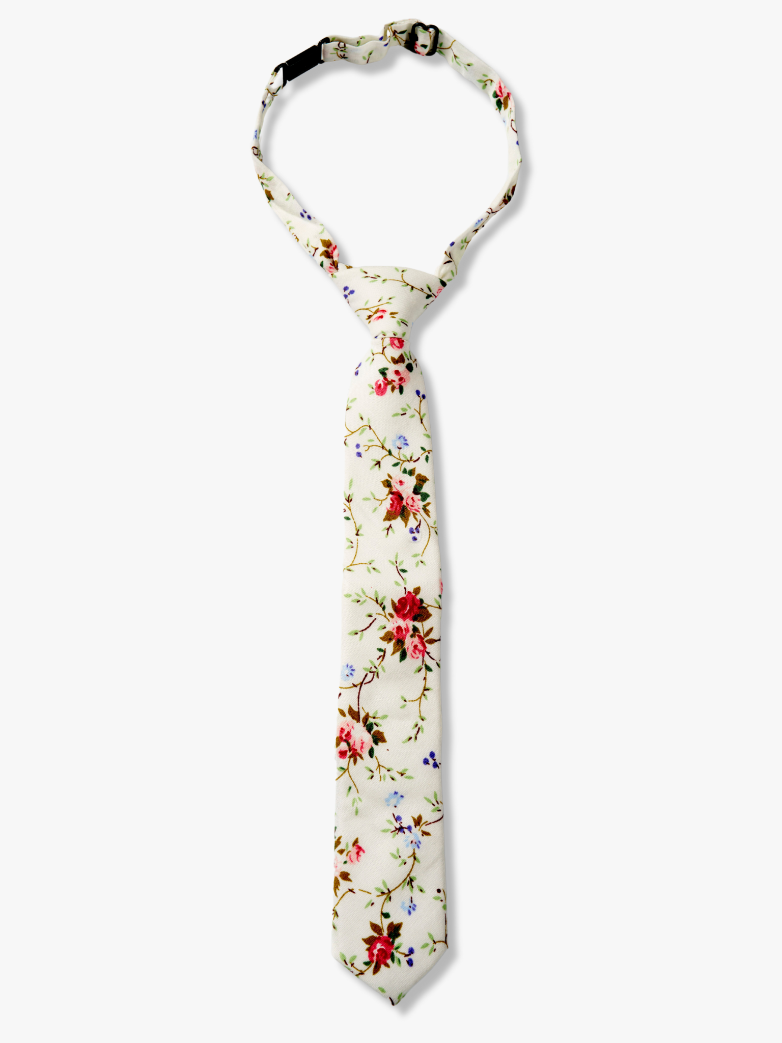 Light kids floral pretied tie with red flowers, pink petals, Christmas blossoms and green leaves on off-white cotton fabric.