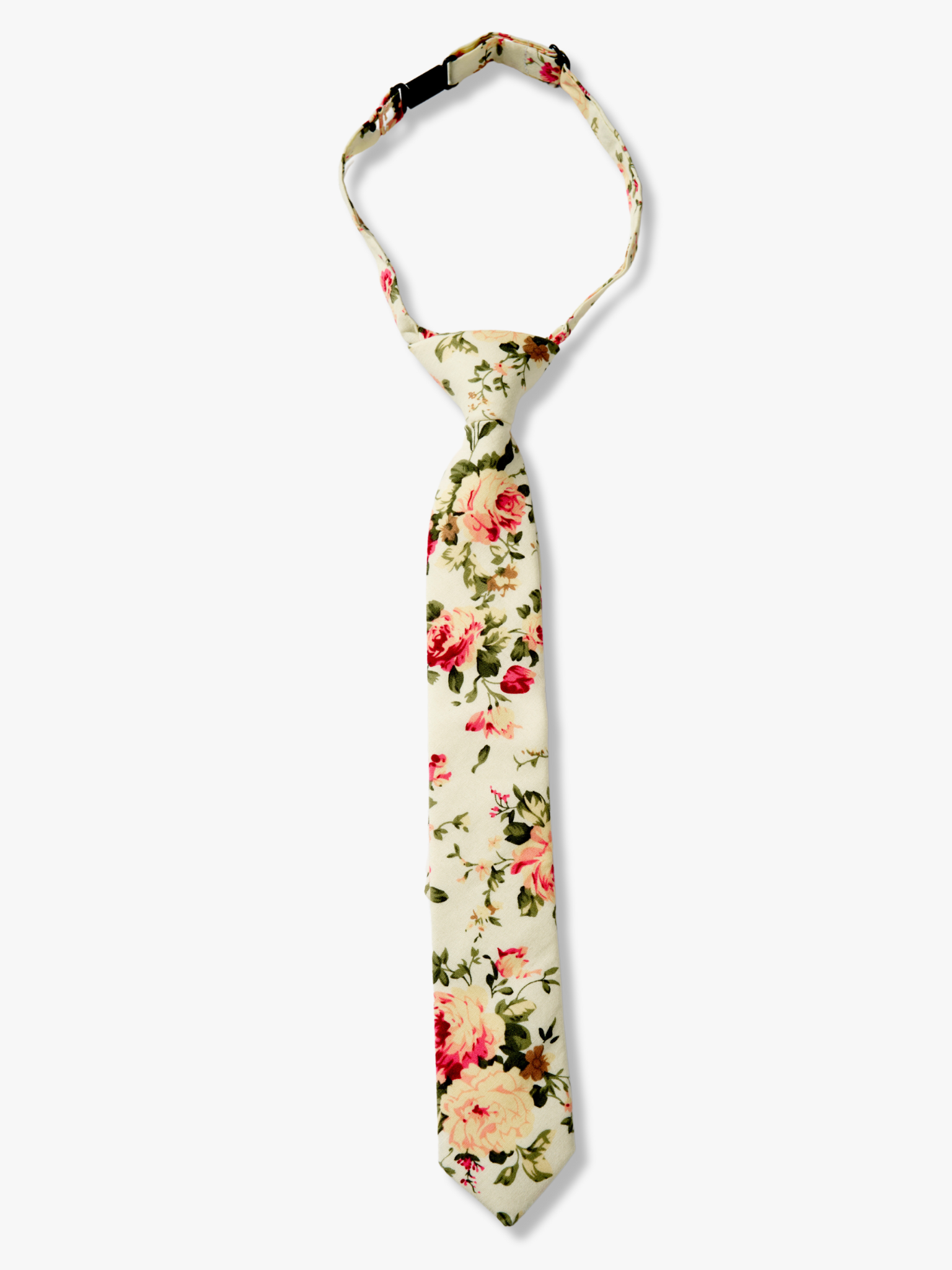 Kids floral pretied tie with pink rose flowers, yellow petals, dark blossoms and green leaves on light mint cotton fabric.