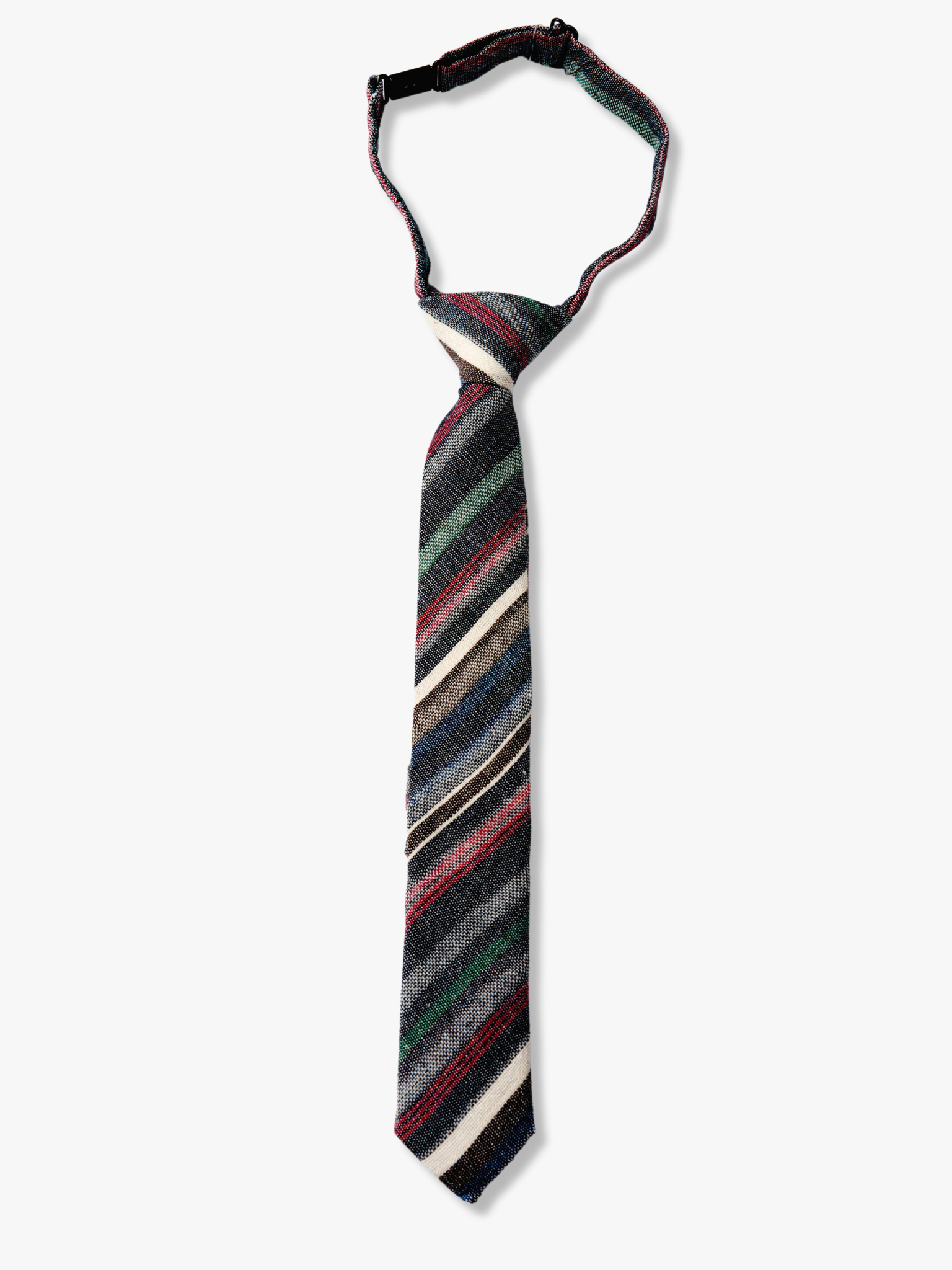 Kids striped pretied tie for 3 month-12 years, with dark gray stripe, thin red lines, light grey bars, and diagonal designs.