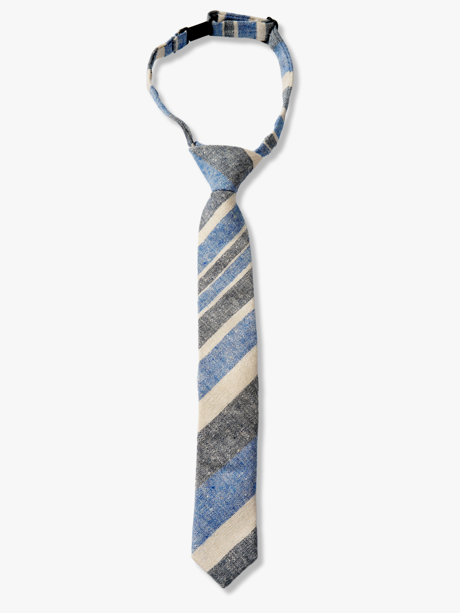 Kids striped pretied tie for boys with denim blue stripe, beige cream lines, gray/grey bars, and colorful diagonal designs.