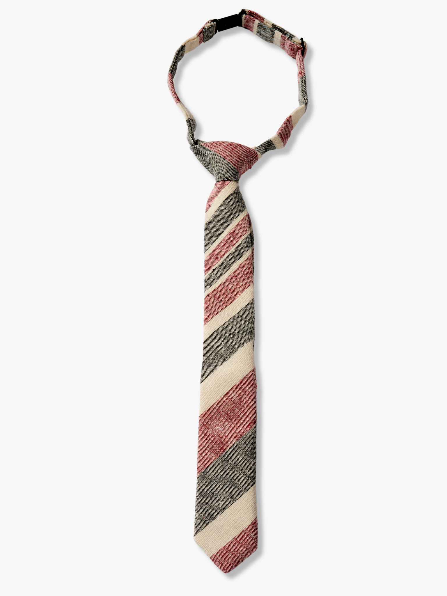 Kids striped pretied tie for boys with crimson red stripe, dark gray lines, beige cream bars, and colorful diagonal designs.