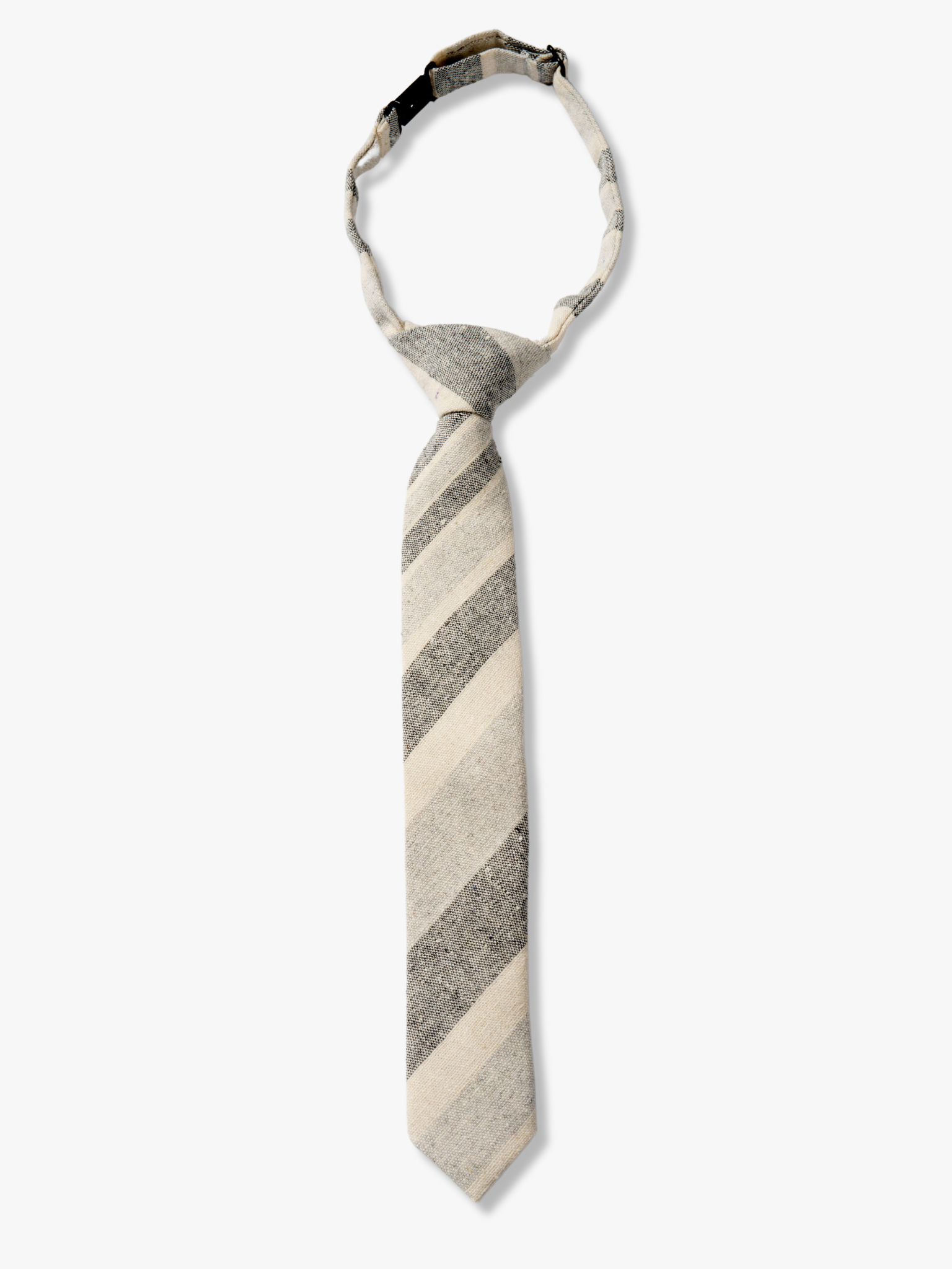 Kids striped pretied tie for boys with pale grey stripe, dark gray lines, cream color bars, and colorful diagonal designs.