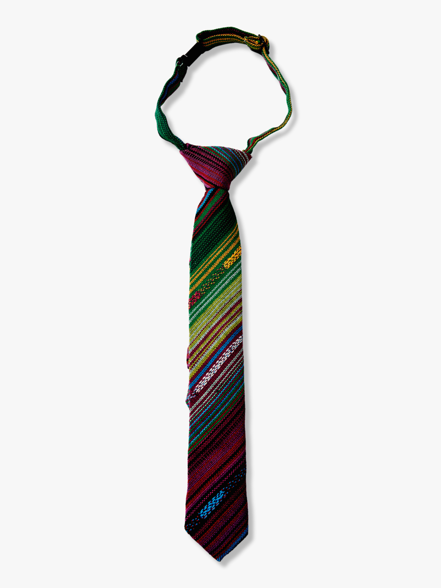 Kids striped pretied tie with green stripe, purple lines, yellow bars, blue designs and Mexican fiesta Latin America style.