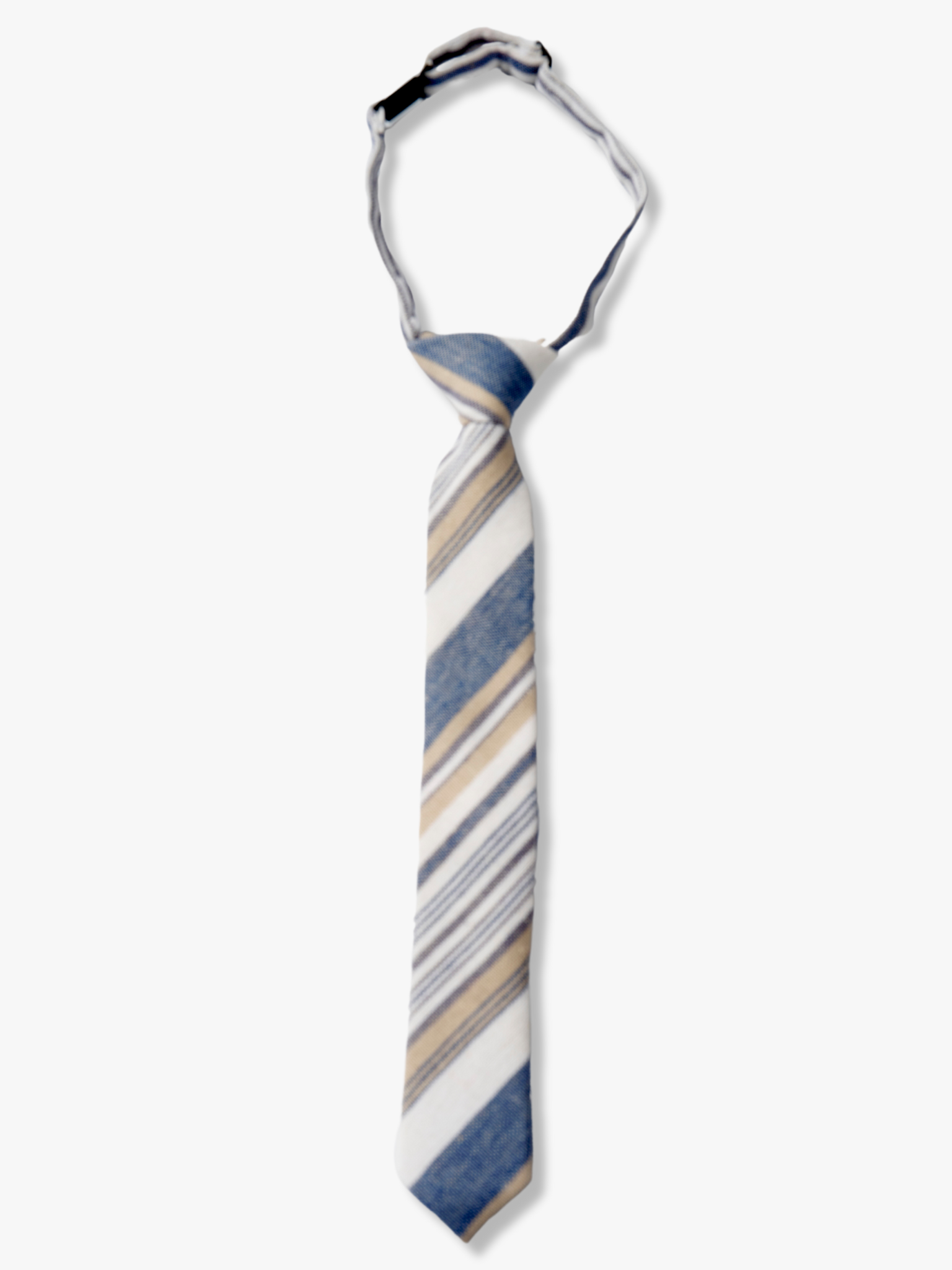 Kids striped pretied tie for 3 month-12 years, with thin dark blue stripe, white lines, gold bars, and diagonal designs.