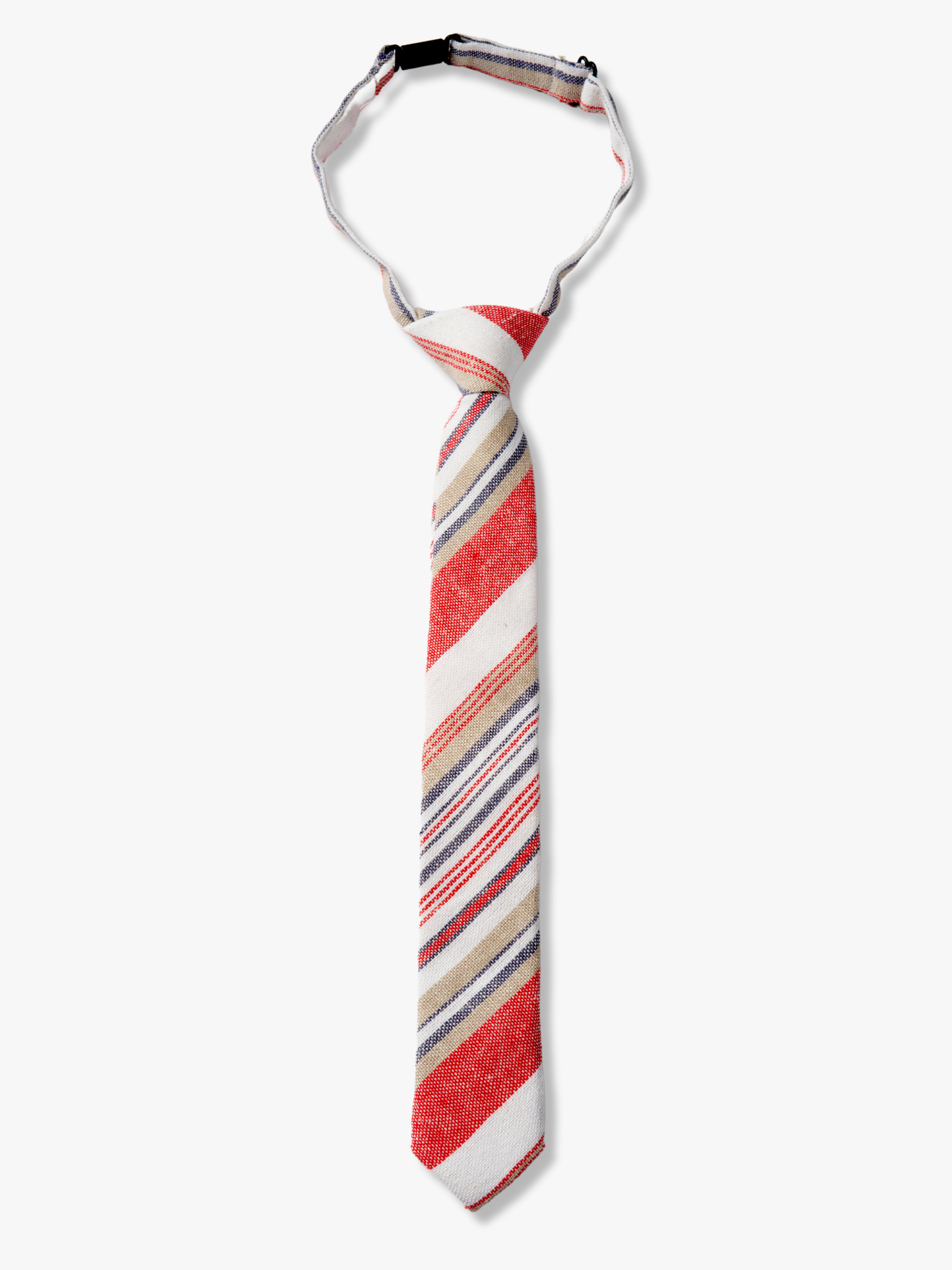 Kids striped pretied tie for 3 month-12 years, with blood red stripe, white lines, gold bars, and colorful diagonal designs.