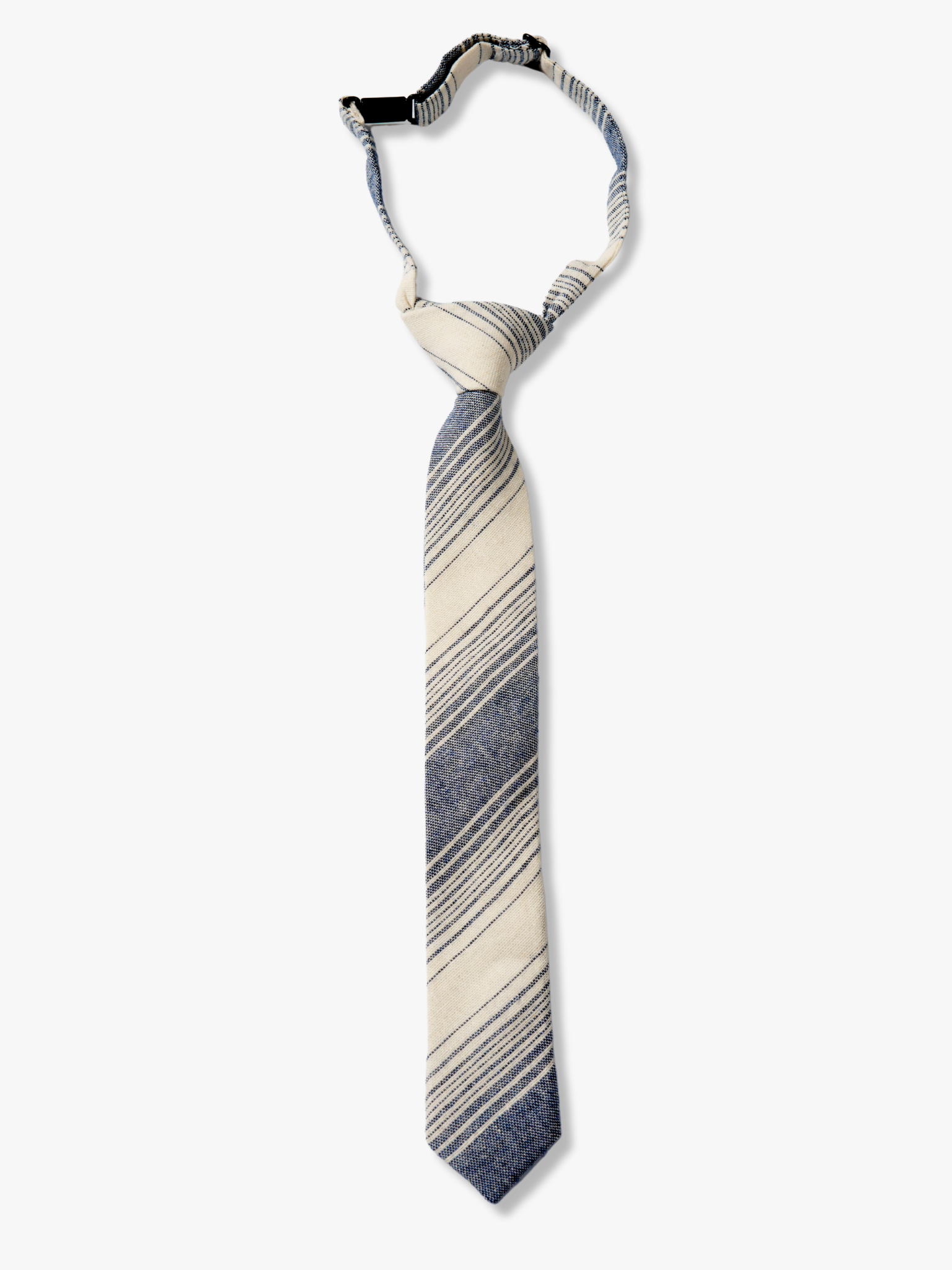 Kids striped pretied tie for 3 month-12 years, with varying navy blue stripe, thin beige cream lines, and diagonal designs.