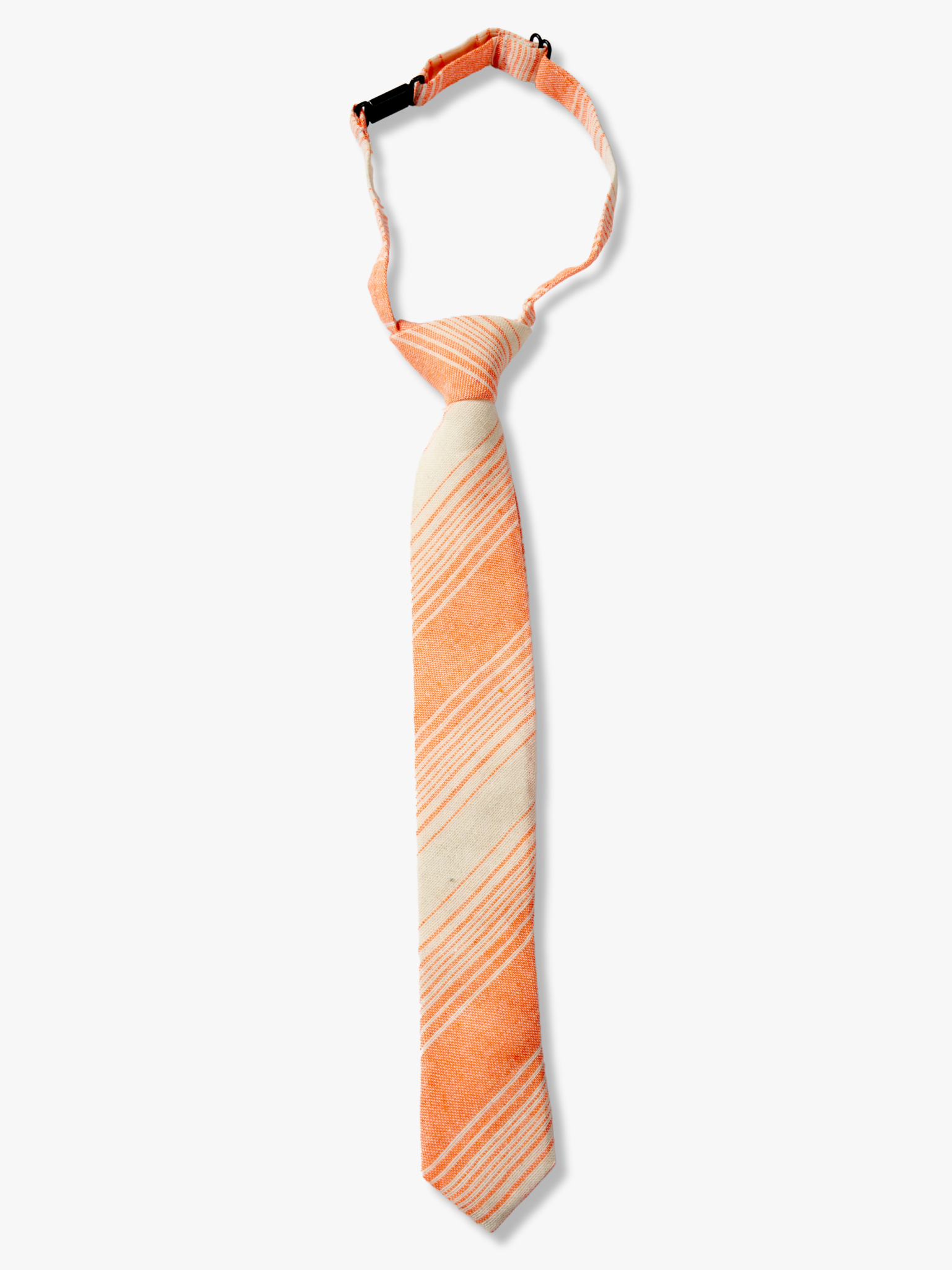 Kids striped pretied tie for 3 month-12 years, with varying orange stripe, thin beige cream lines, and diagonal designs.