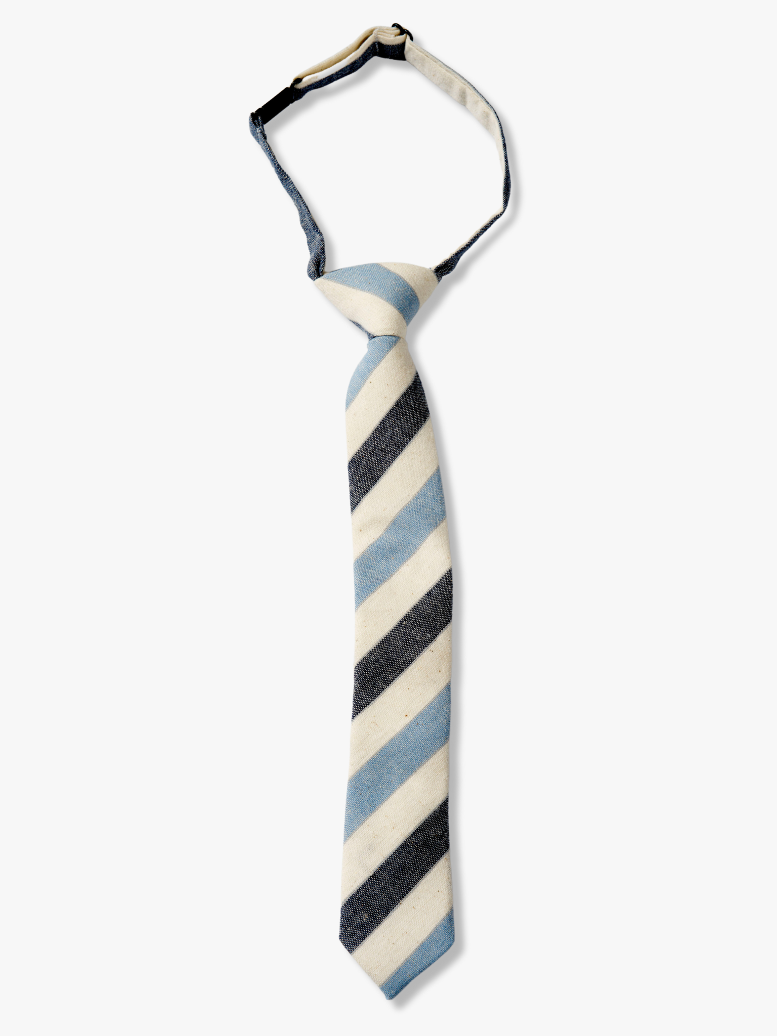 Kids striped pretied tie with evenly spaced light baby blue stripe, navy lines, cream bars, and colorful diagonal designs.