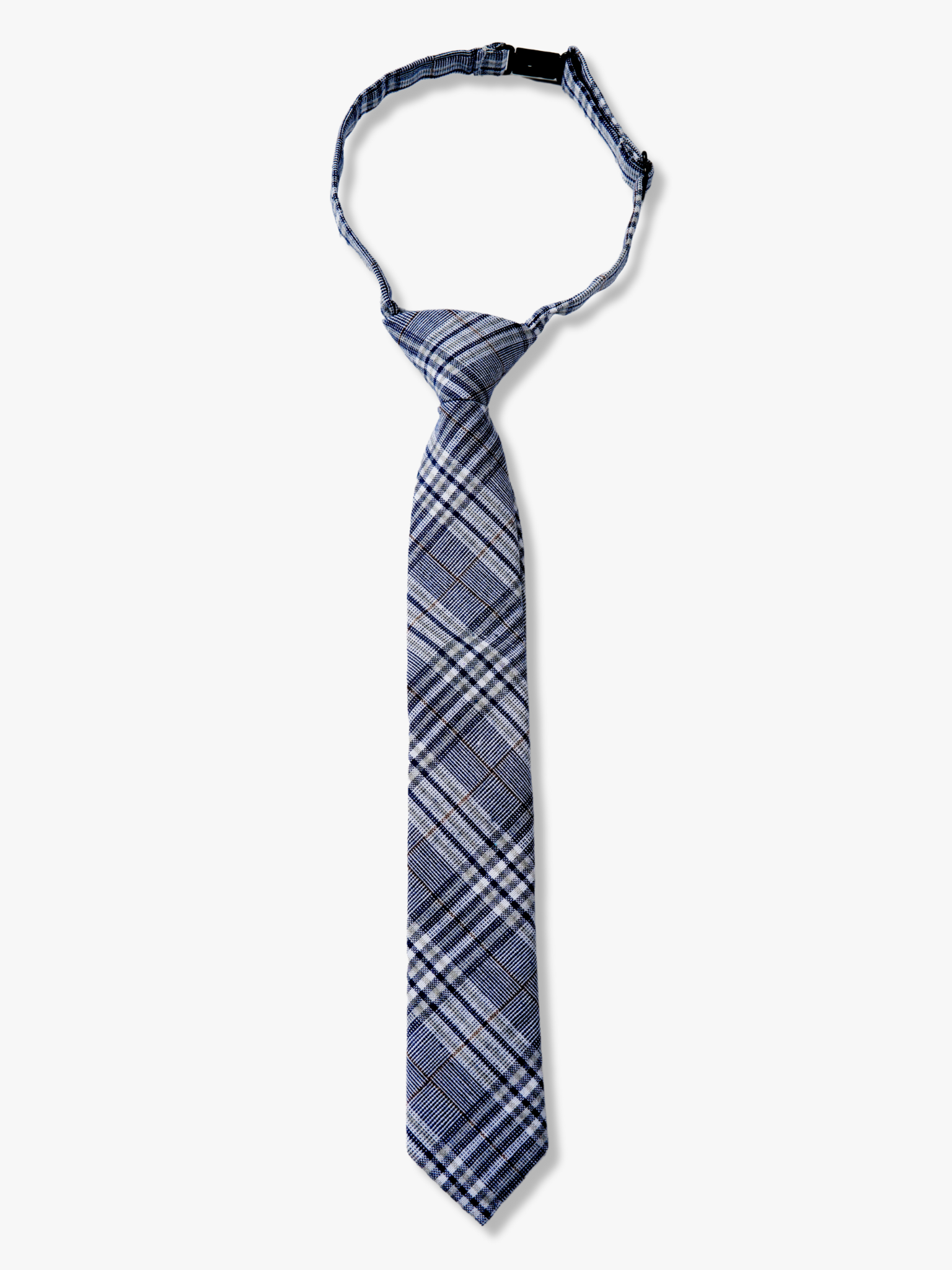 Kids striped pretied tie with navy blue plaid and light blue stripes, diagonal white bars, thin brown and criss cross design