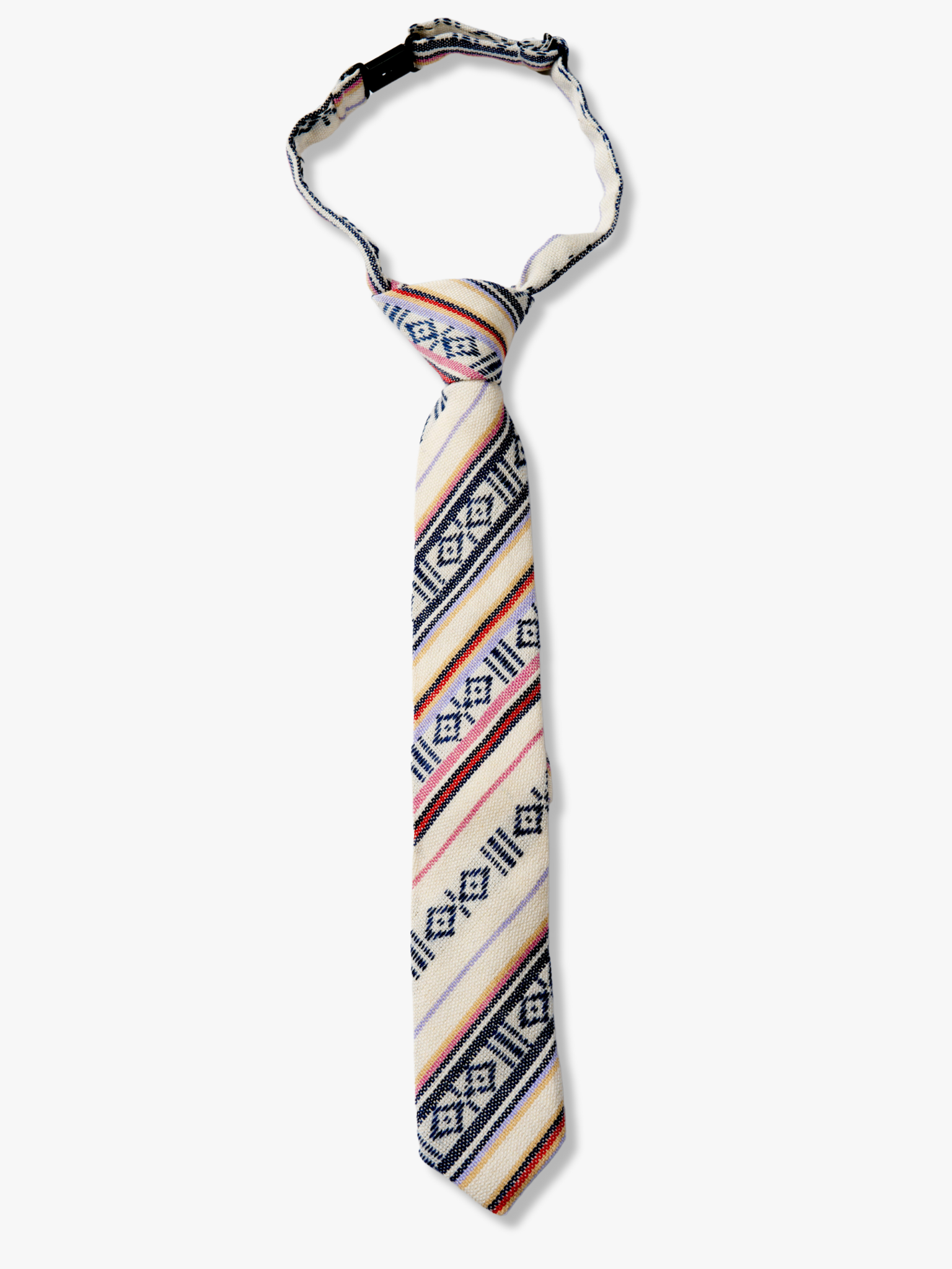 Kids striped pretied tie with black stripe, pink lines, thin red bars, Native American designs and Latin America style.