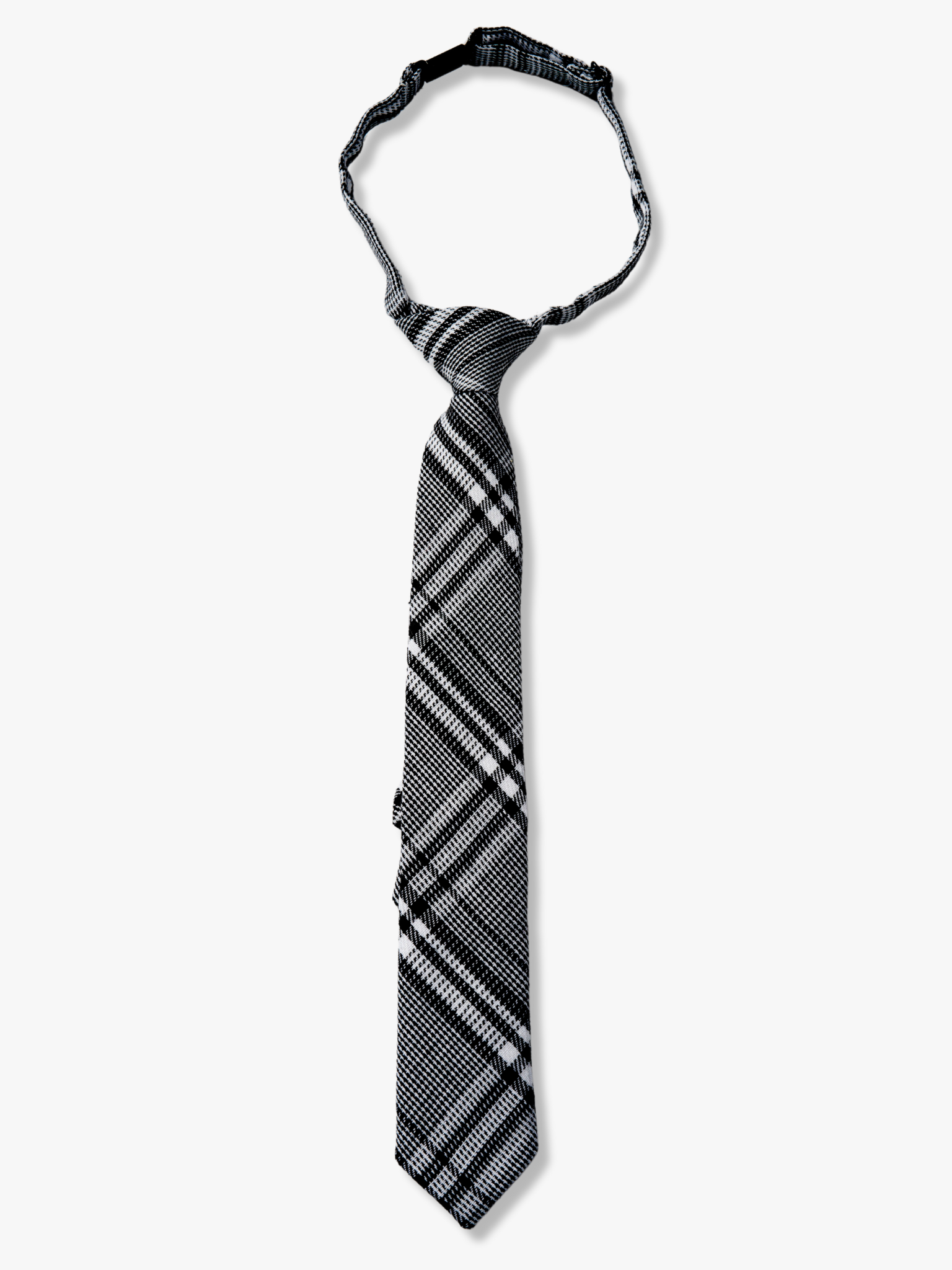 Kids striped pretied tie with black plaid and light gray stripes, diagonal white bars, thin brown and criss cross design