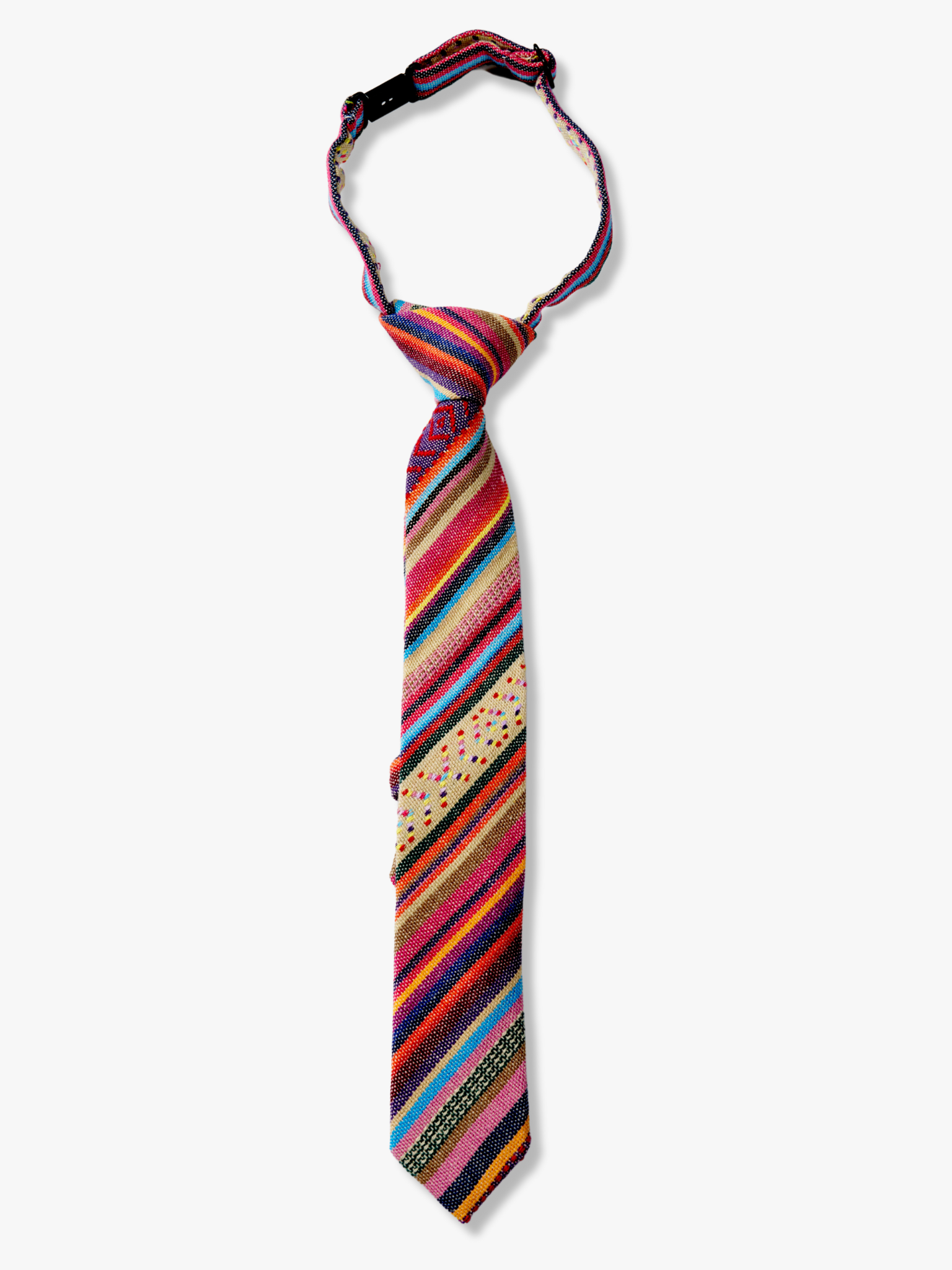 Kids striped pretied tie with blue stripe, orange lines, red bars, cross designs and Mexican fiesta Latin America style.