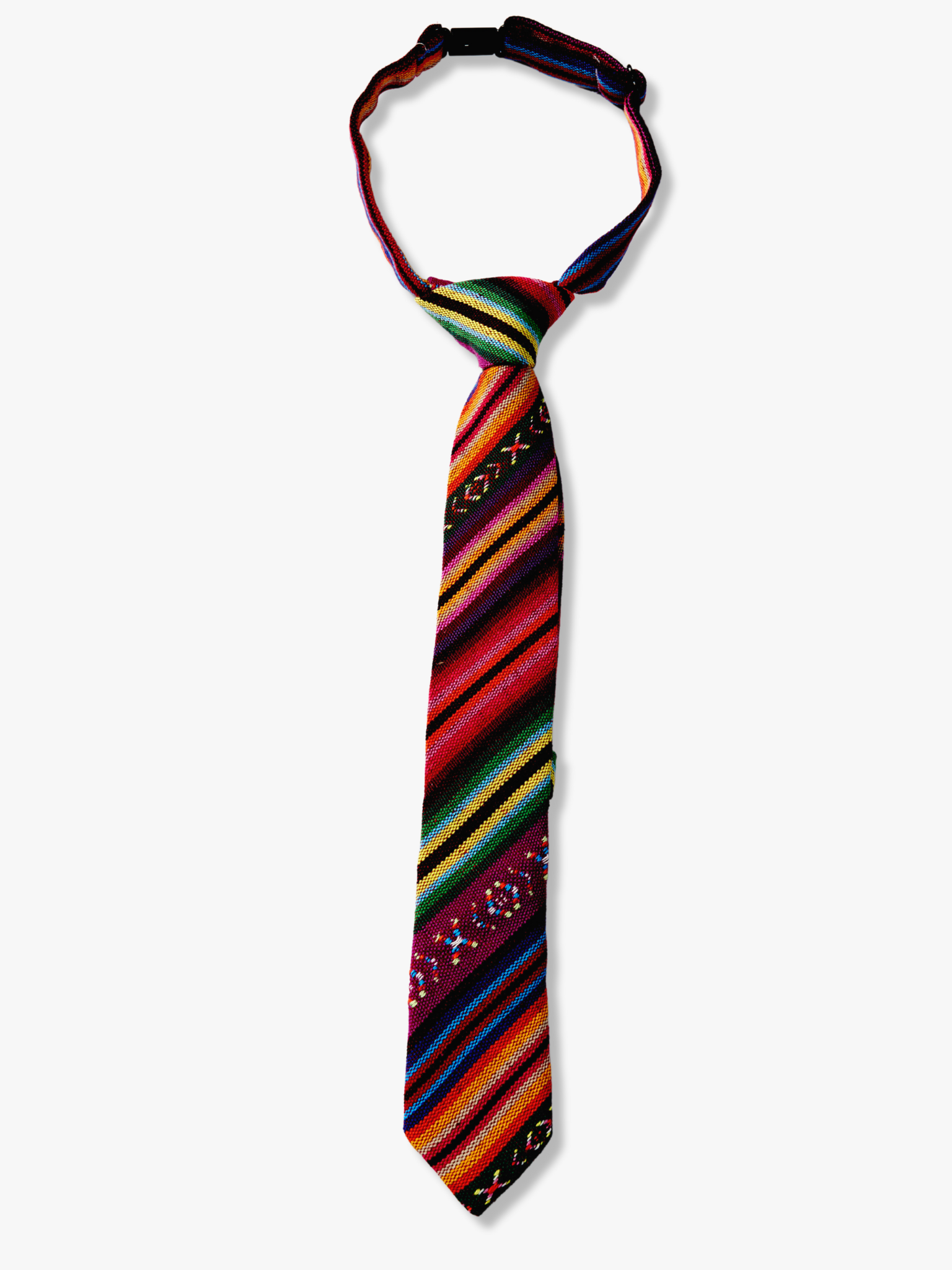 Kids striped pretied tie with purple stripe, green and yellow lines, orange and red bars, cross designs and Mexican style.