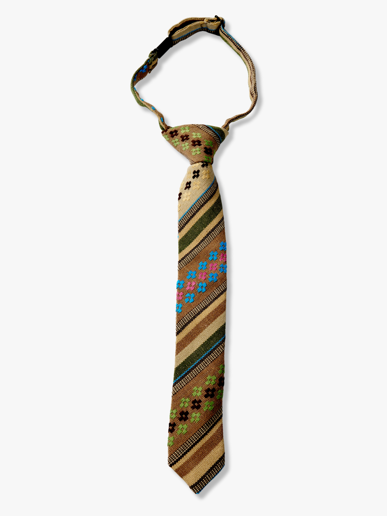 Kids striped pretied tie with green stripe, tan lines, brown bars, cross designs and Mexican fiesta Latin America style.