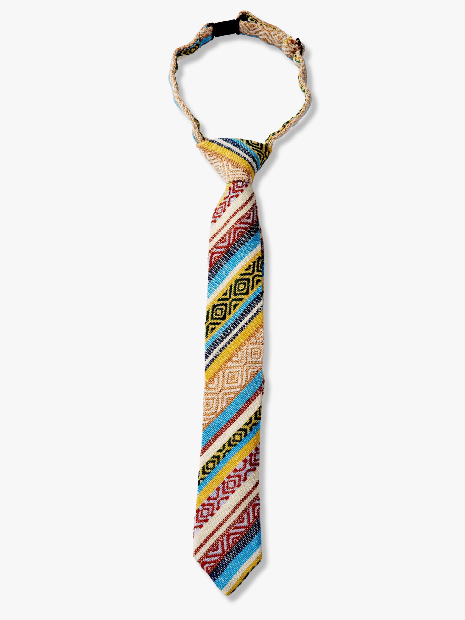 Kids striped pretied tie with yellow stripe, blue lines, beige bars, American designs and Mexican fiesta Latin America style.