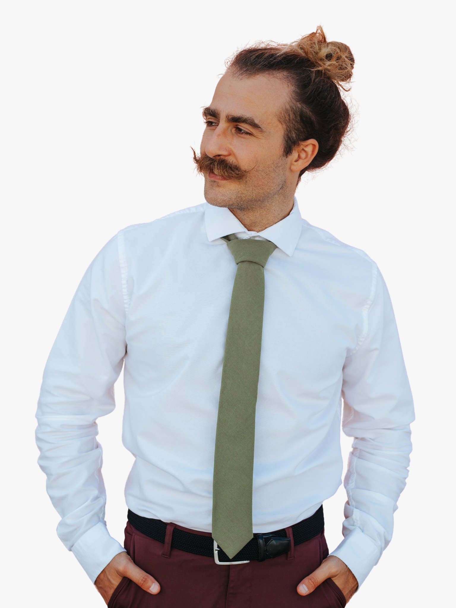 A man with a solid tie with a plain military moss green color.