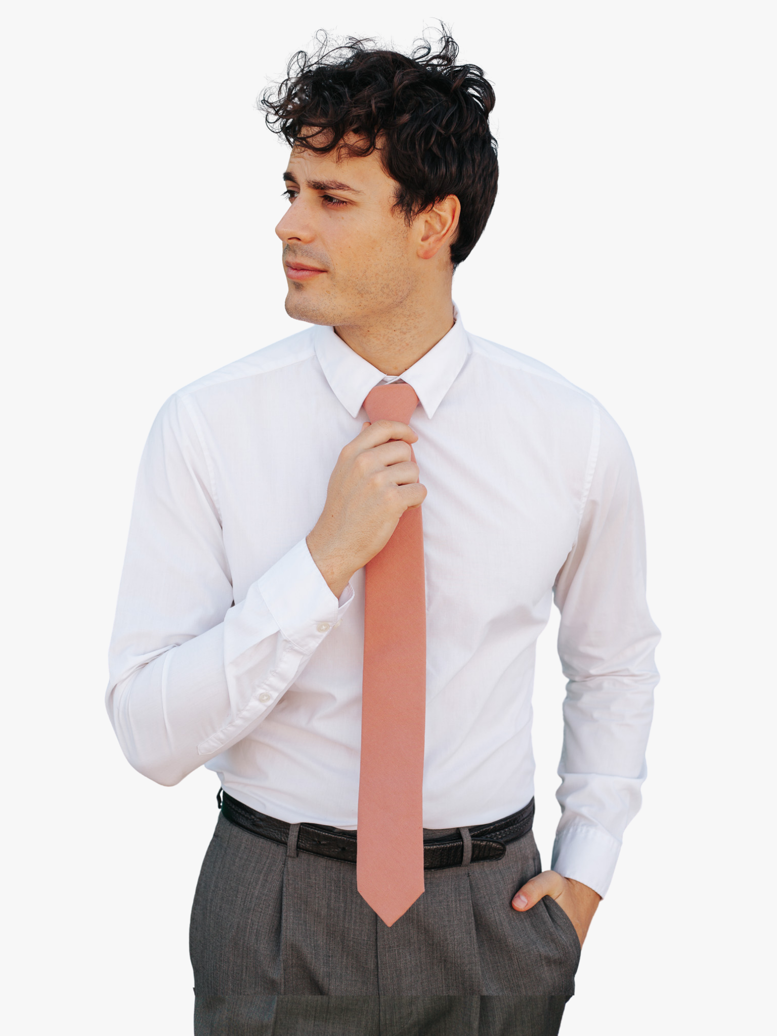 A man with a solid tie with a plain rosewood rosegold light pink color.