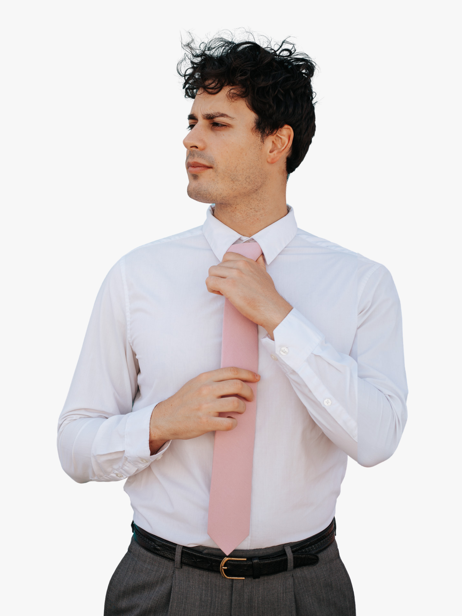 A man with a solid tie with a plain  light rose dusty pink color.