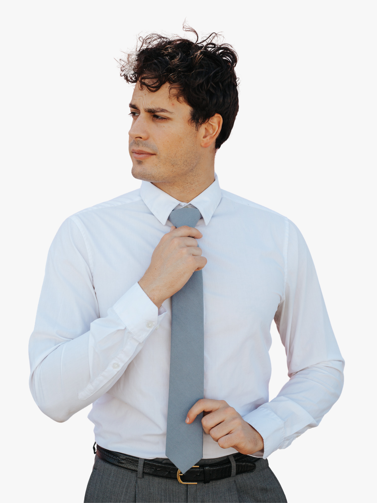 A man with a solid tie with a plain neutral light gray-blue color.