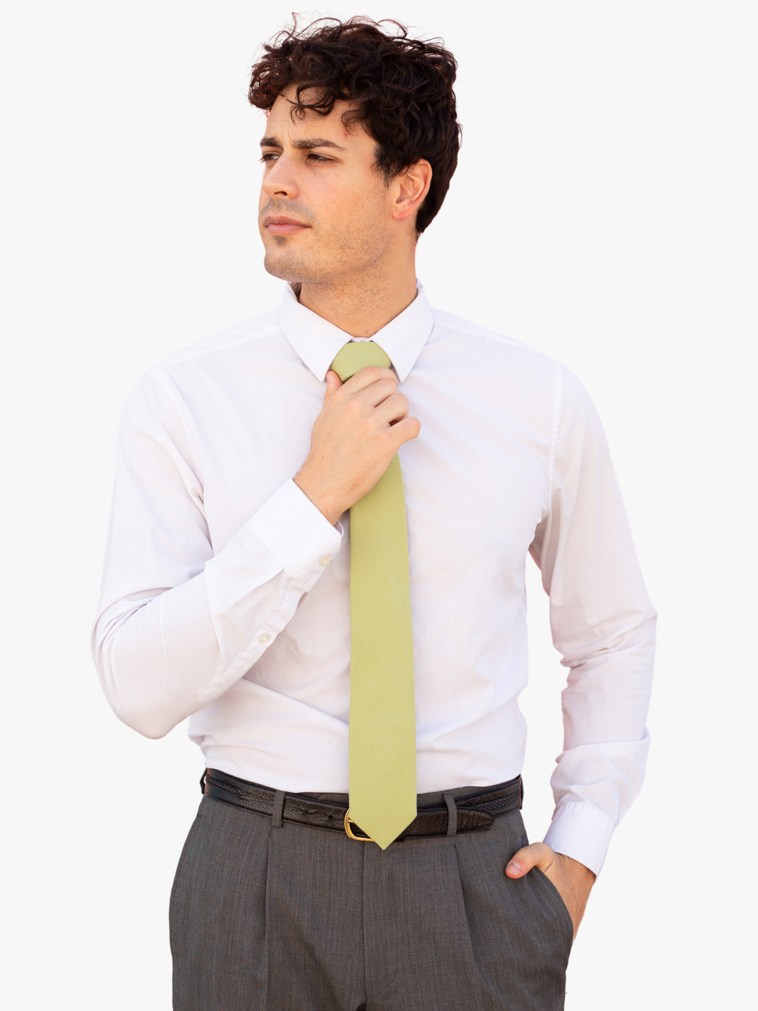 A man with a solid tie with a plain neutral light green color.