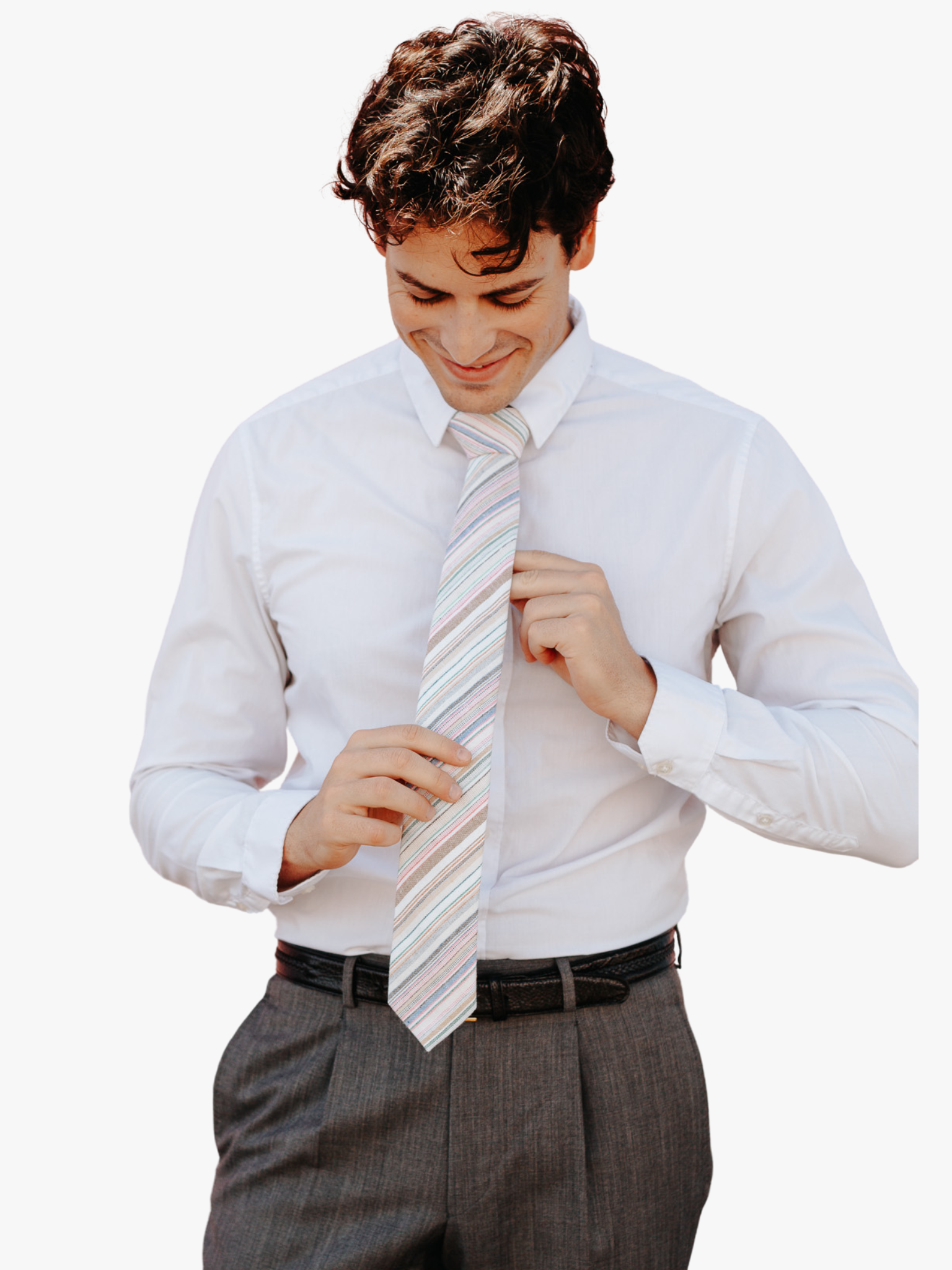 A man wearing church clothes and a striped tie with pink stripe, light blue lines, thin off-white bars and diagonal designs.