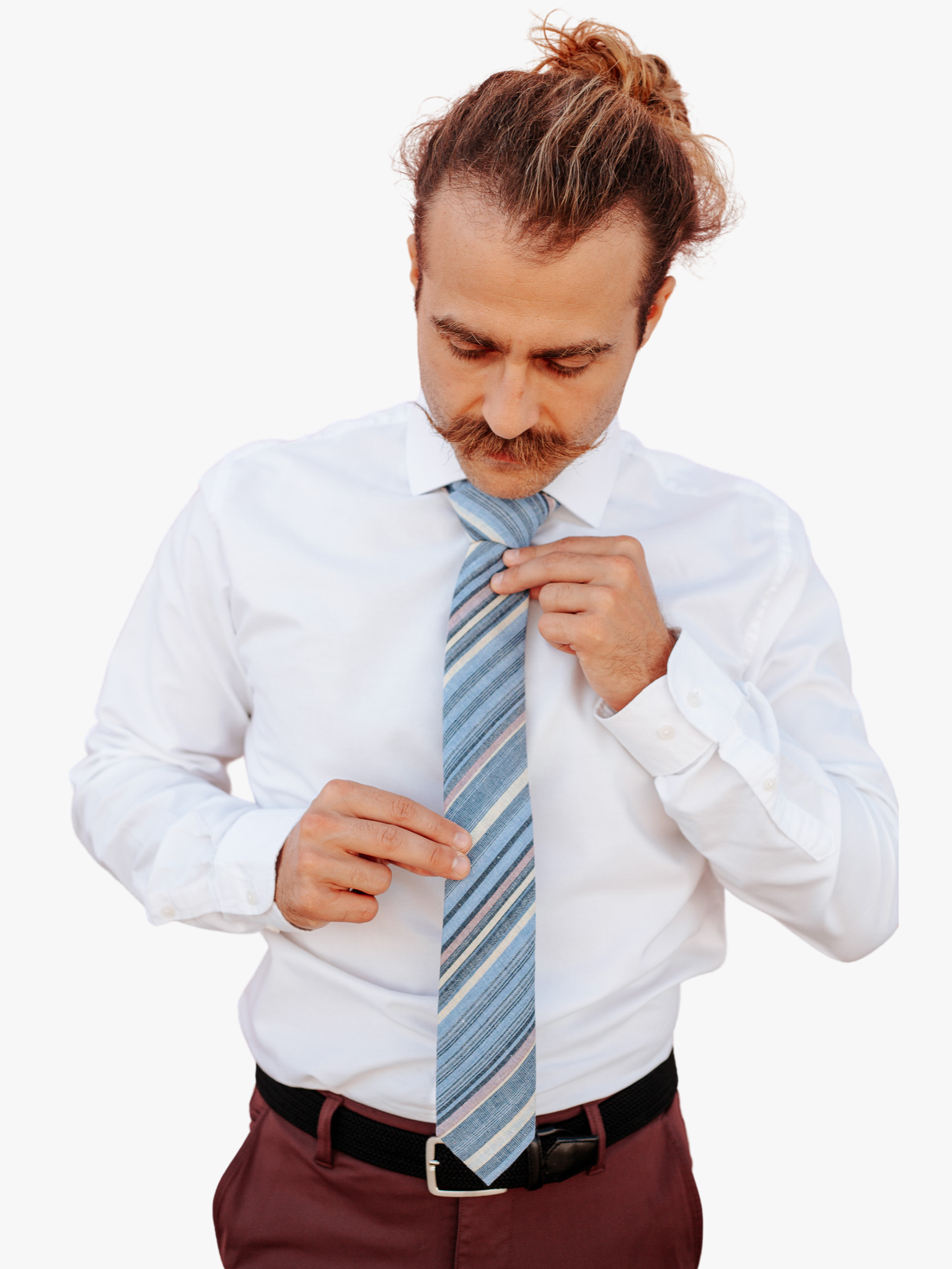 A man wearing church clothes and a striped tie with pastel blue stripe, navy lines, yellow bars and diagonal designs.