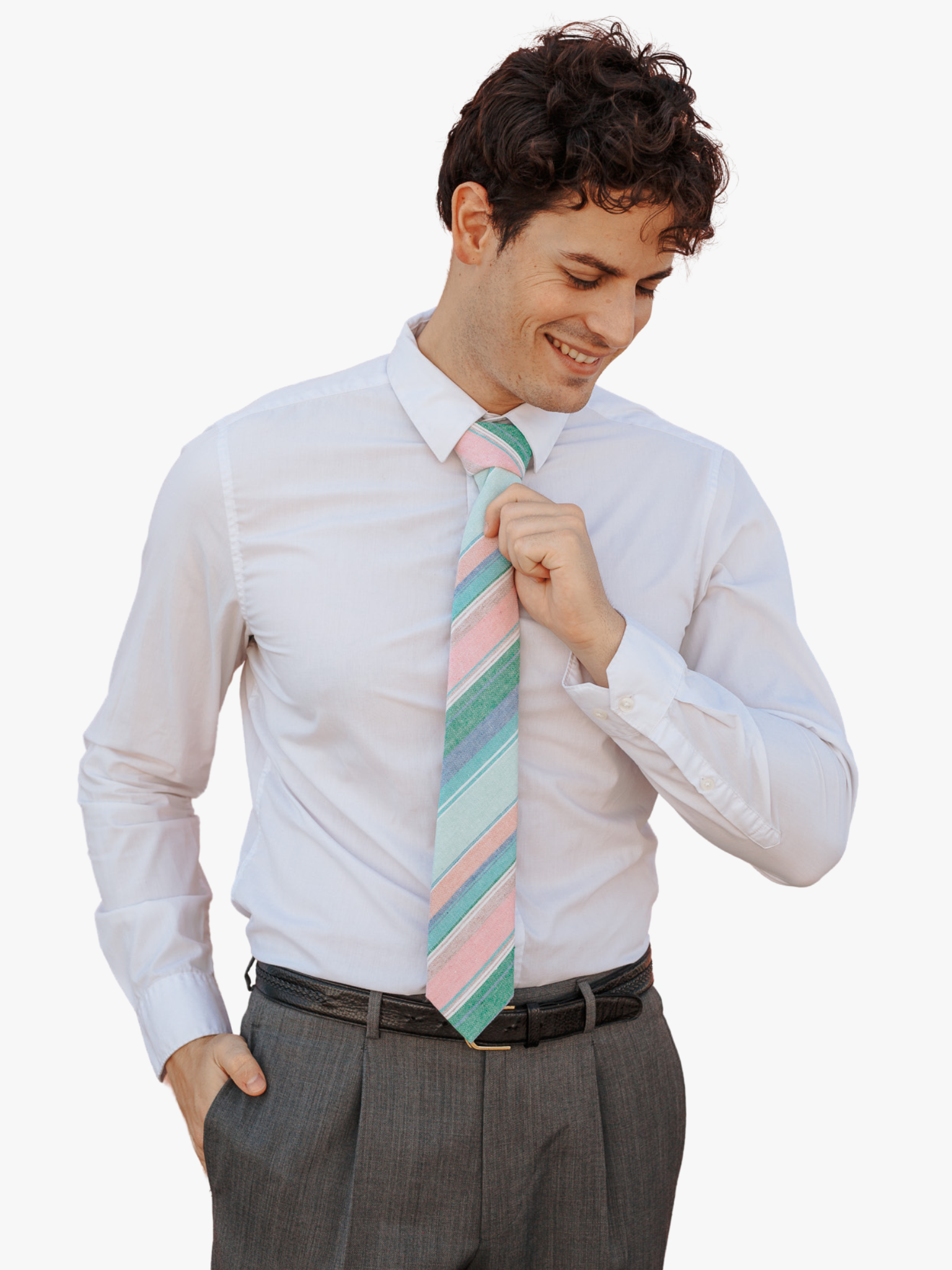 A man wearing church clothes and a striped tie with light pink stripe, baby blue lines, dark green bars and diagonal designs.