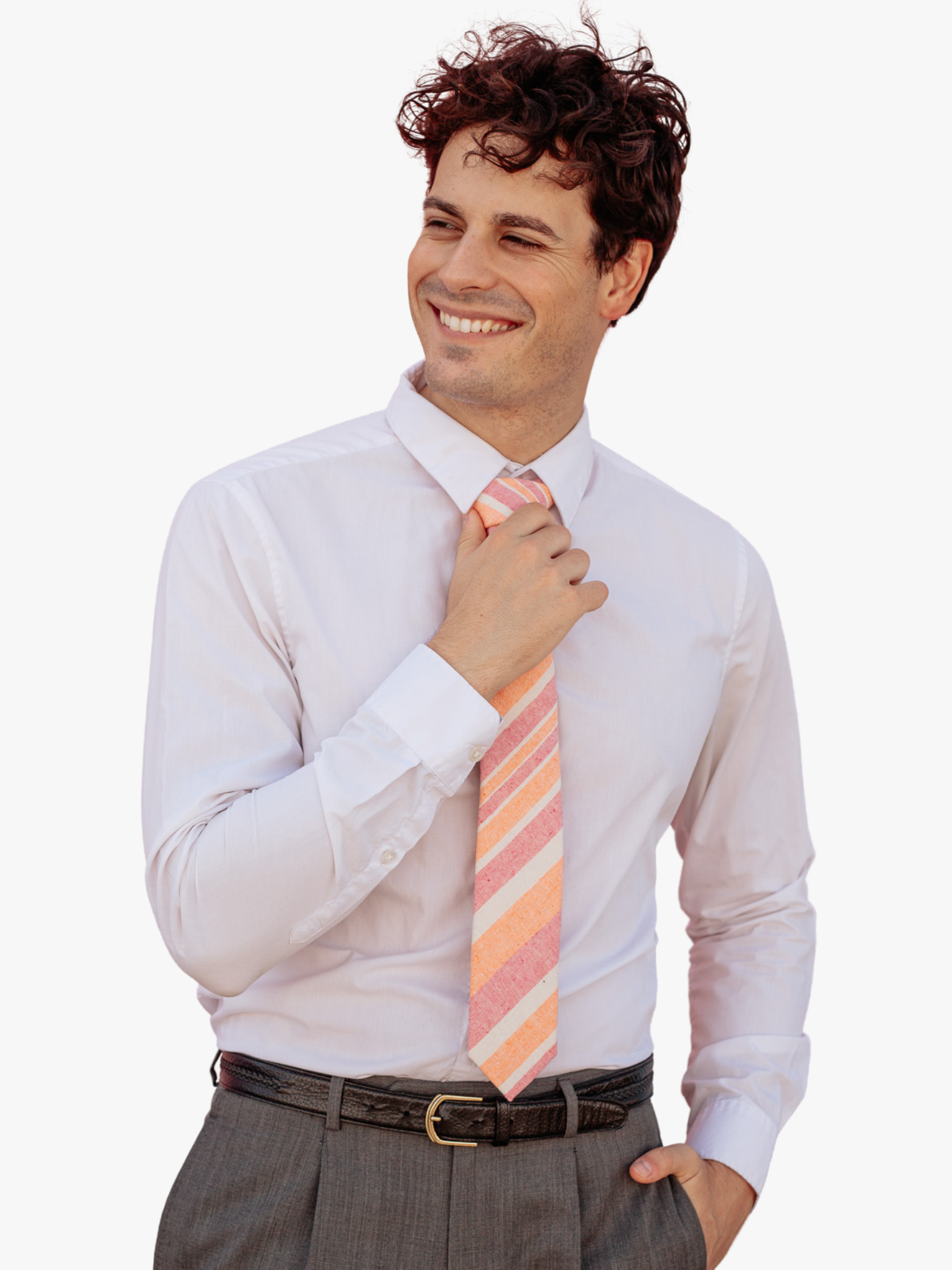 A man wearing church clothes and a striped tie with hot pink stripe, beige lines, orange cream bars and diagonal designs.