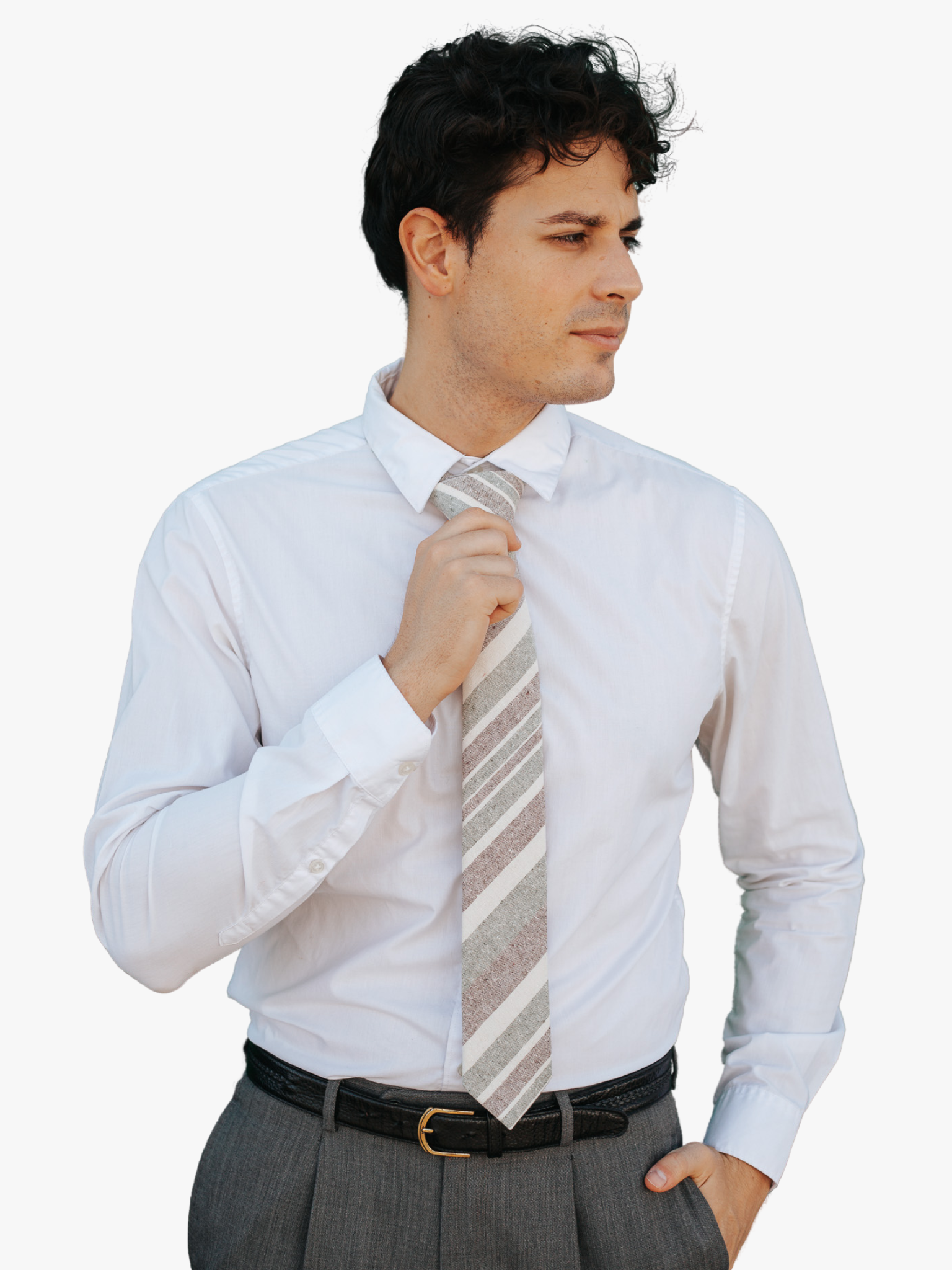 A man wearing church clothes and a striped tie with olive green stripe, cream lines, grey bars and diagonal designs.