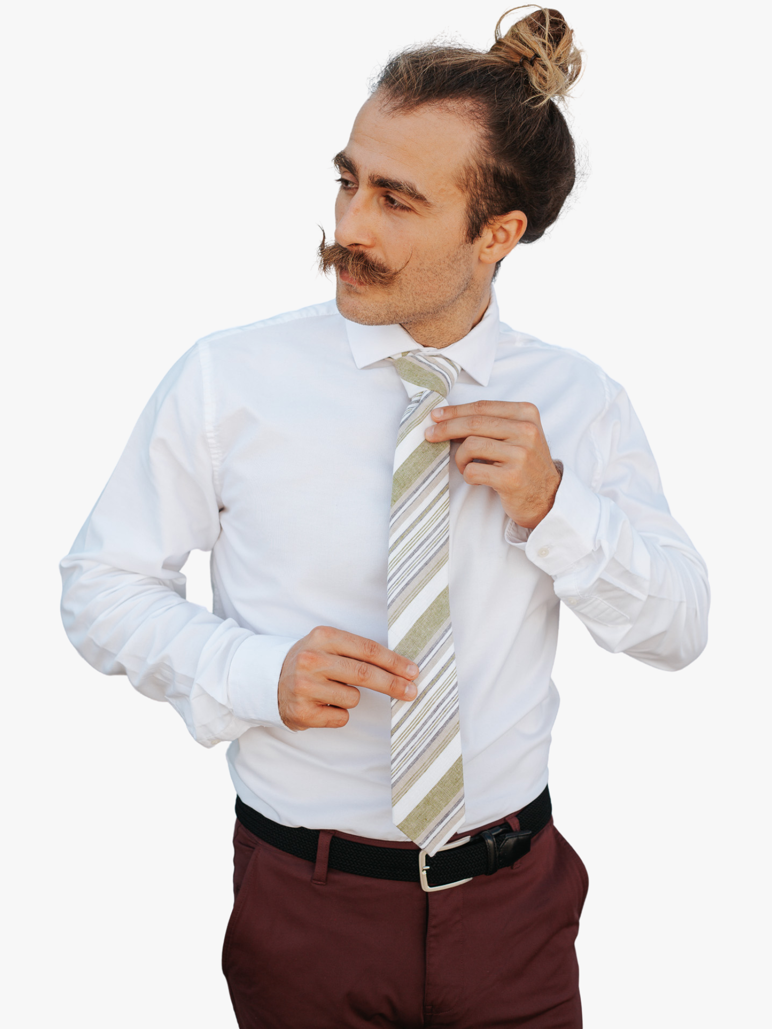 A man wearing church clothes and a striped tie with thin gold stripe, thick tan lines, white bars and diagonal designs.