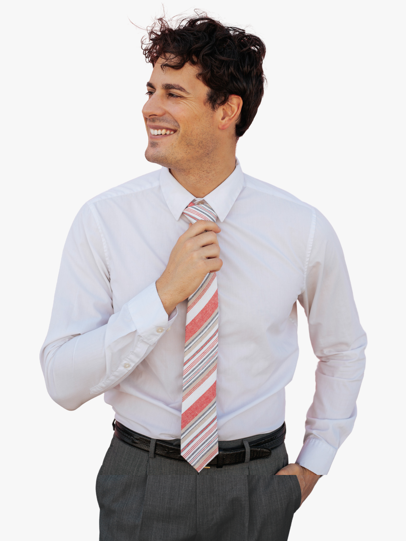 A man wearing a striped tie with blood red stripe, white lines, gold bars and diagonal designs, and diagonal designs.