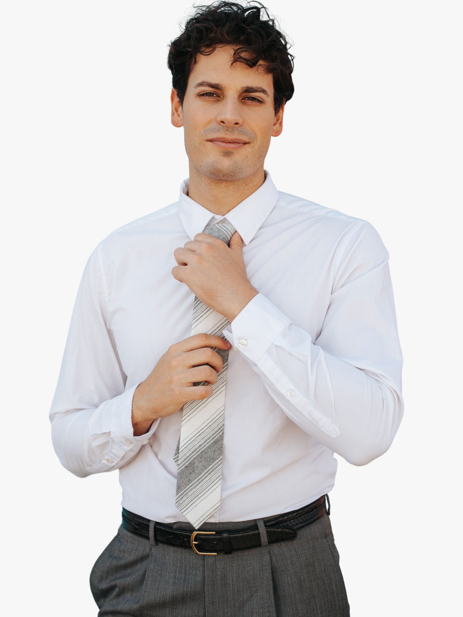 A man wearing church clothes and a striped tie with navy blue stripe, thin beige cream lines,  and diagonal designs.