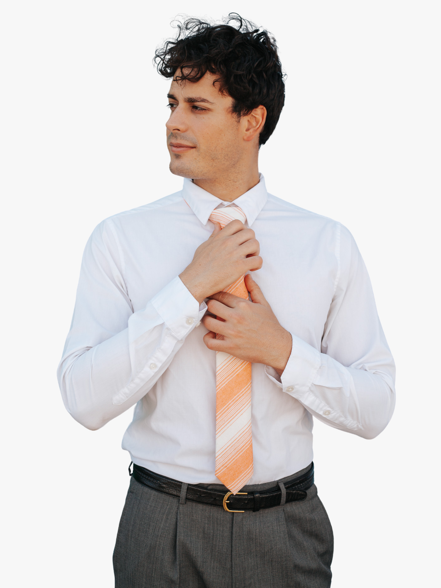 A man wearing church clothes and a striped tie with orange stripe, thin beige cream lines,  and off-white diagonal designs.