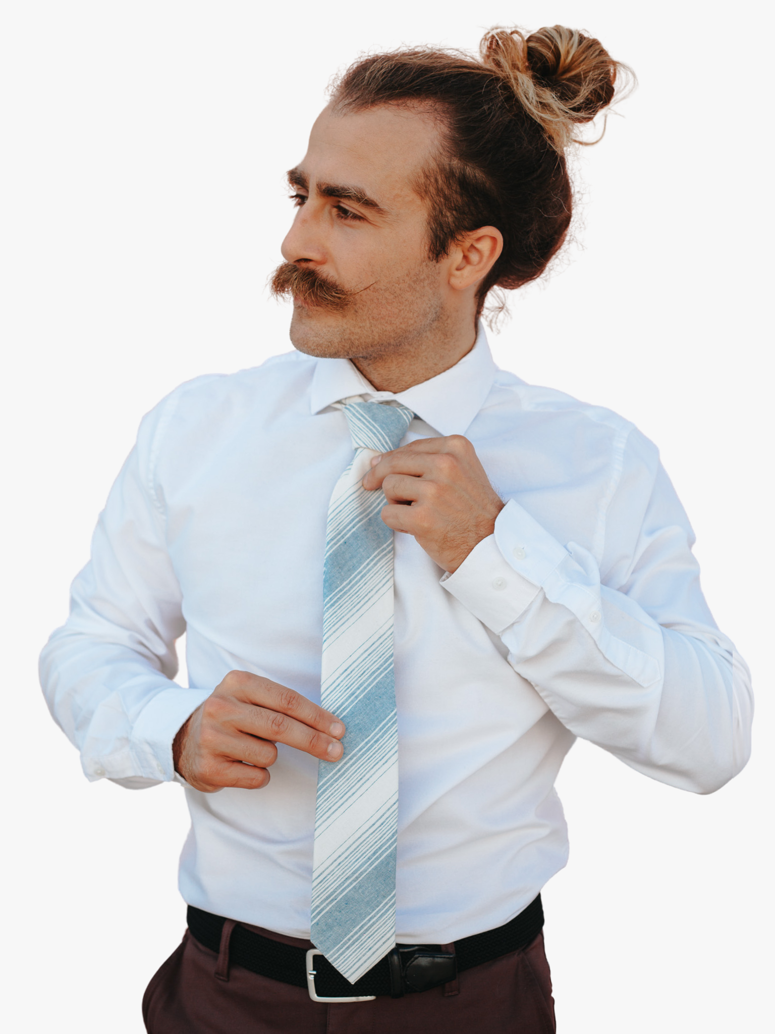 A man wearing a striped tie with light dusty blue stripe, thin beige cream lines,  and off-white diagonal designs.