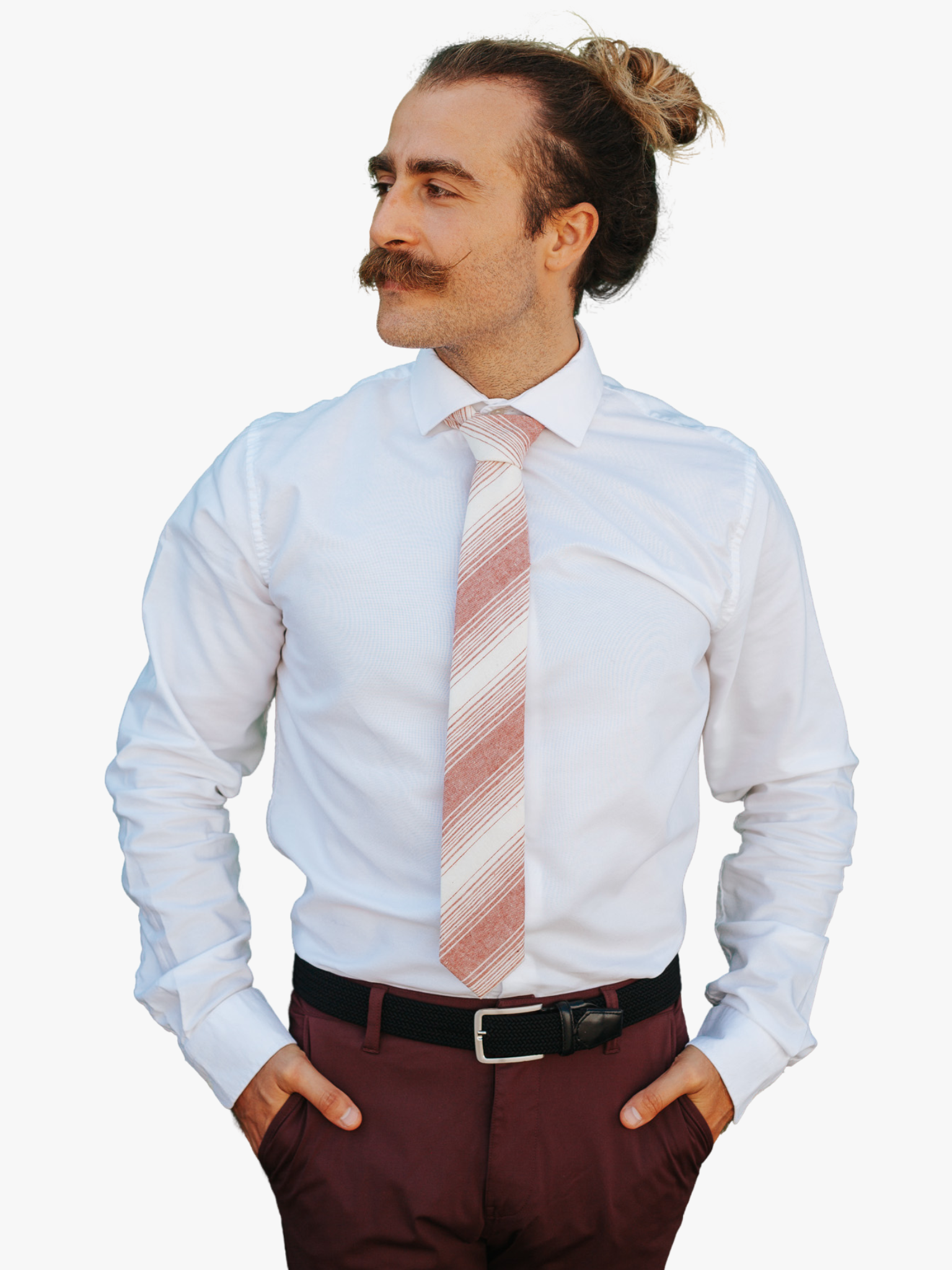 A man wearing a striped tie with crimson red stripe, thin beige cream lines,  and off-white diagonal designs.