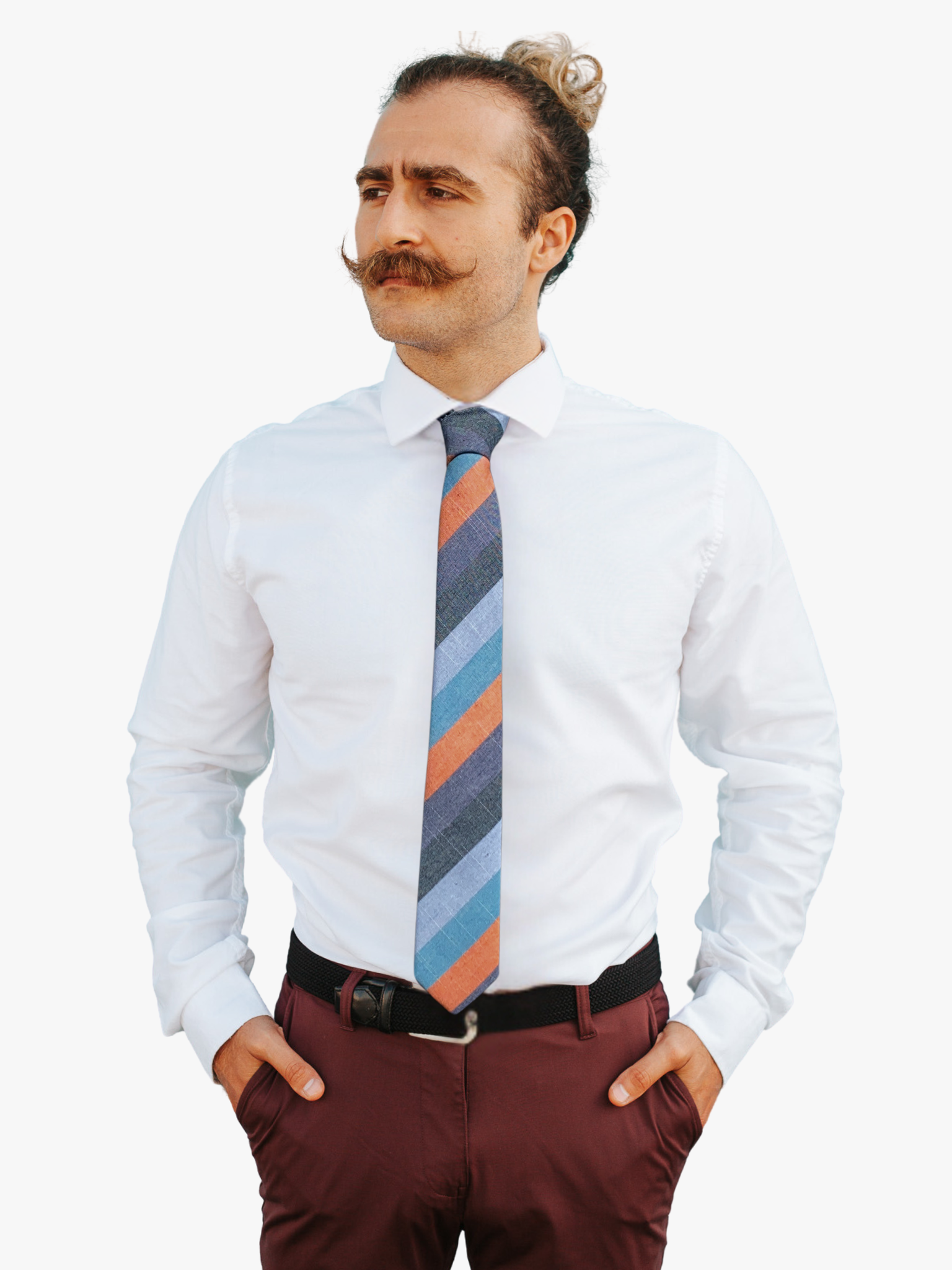 A man wearing a striped tie with light blue stripes, thick orange lines, navy bars, and a bright colored design.