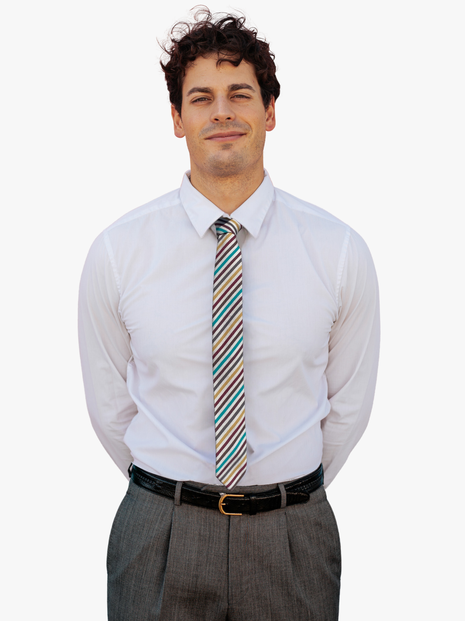 A man wearing a striped tie with dark red stripes, thin yellow lines, turquoise bars, and a beige fabric.